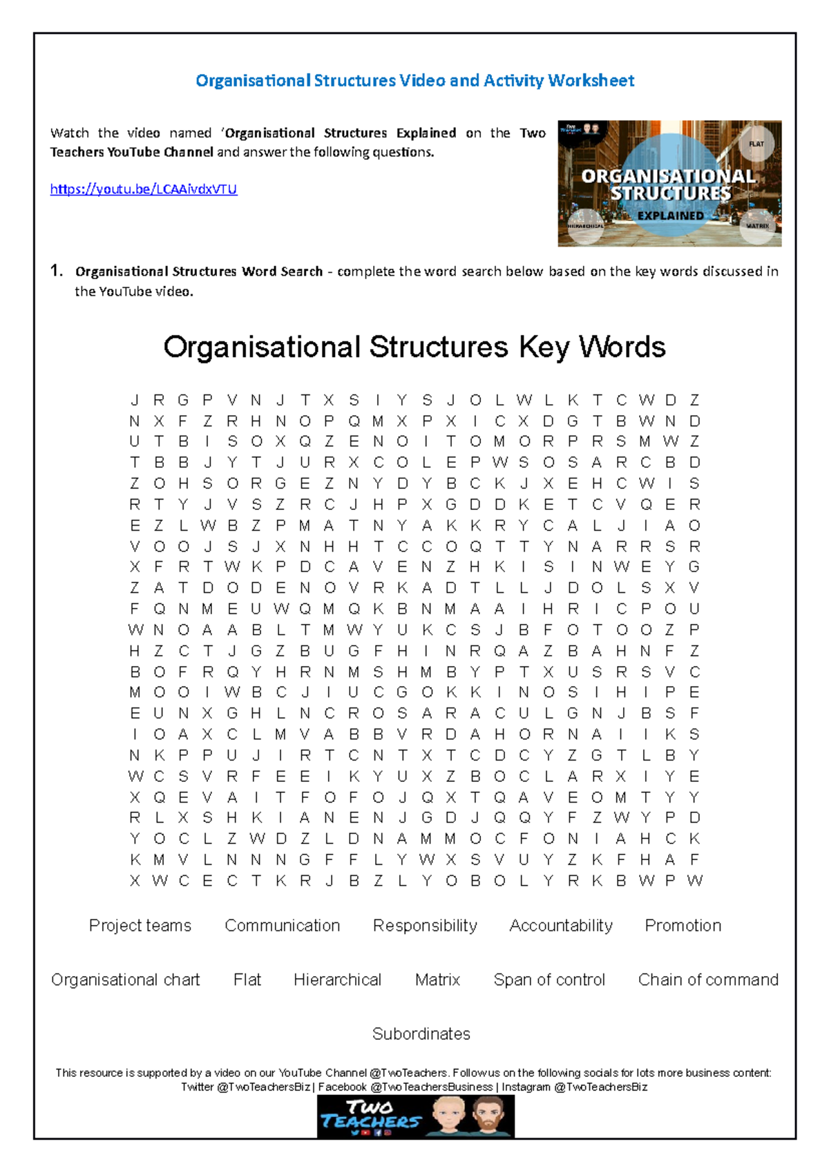 Organisational Structures Worksheet - Video Activity and Key Concepts ...