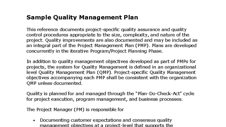 PMP Quality Management Plan Overview and Procedures - Studocu