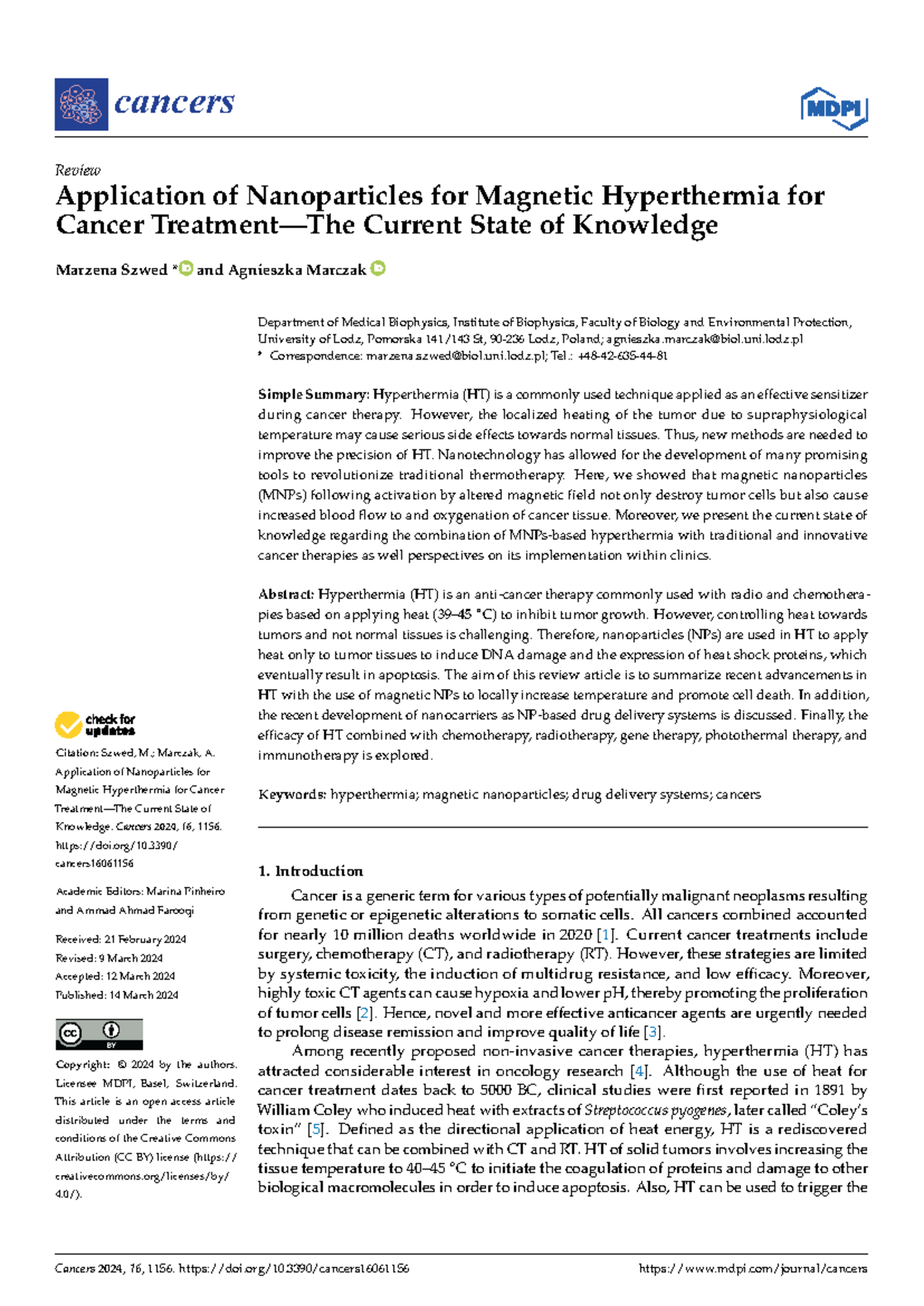 Application of Magnetic Nanoparticles in Cancer Hyperthermia: Current ...