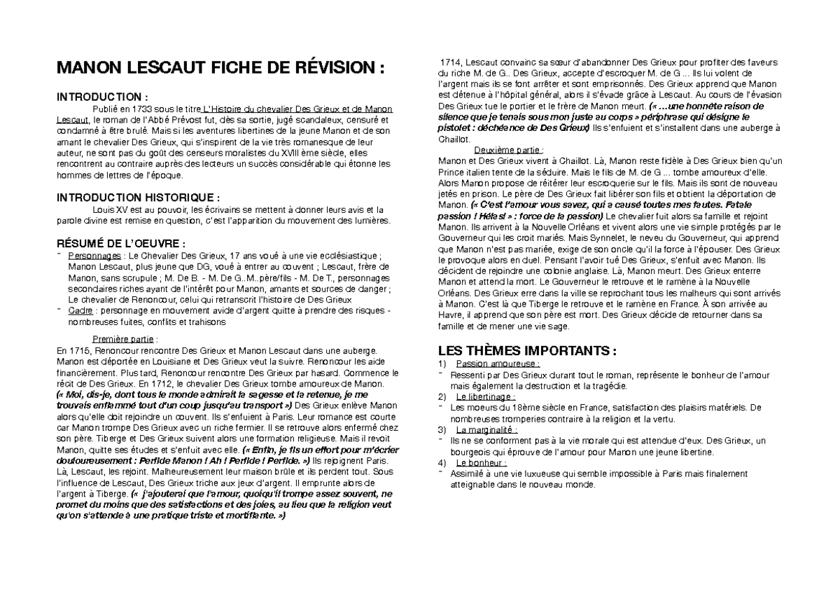 Fiche De Révision Manon Lescaut Dissertation