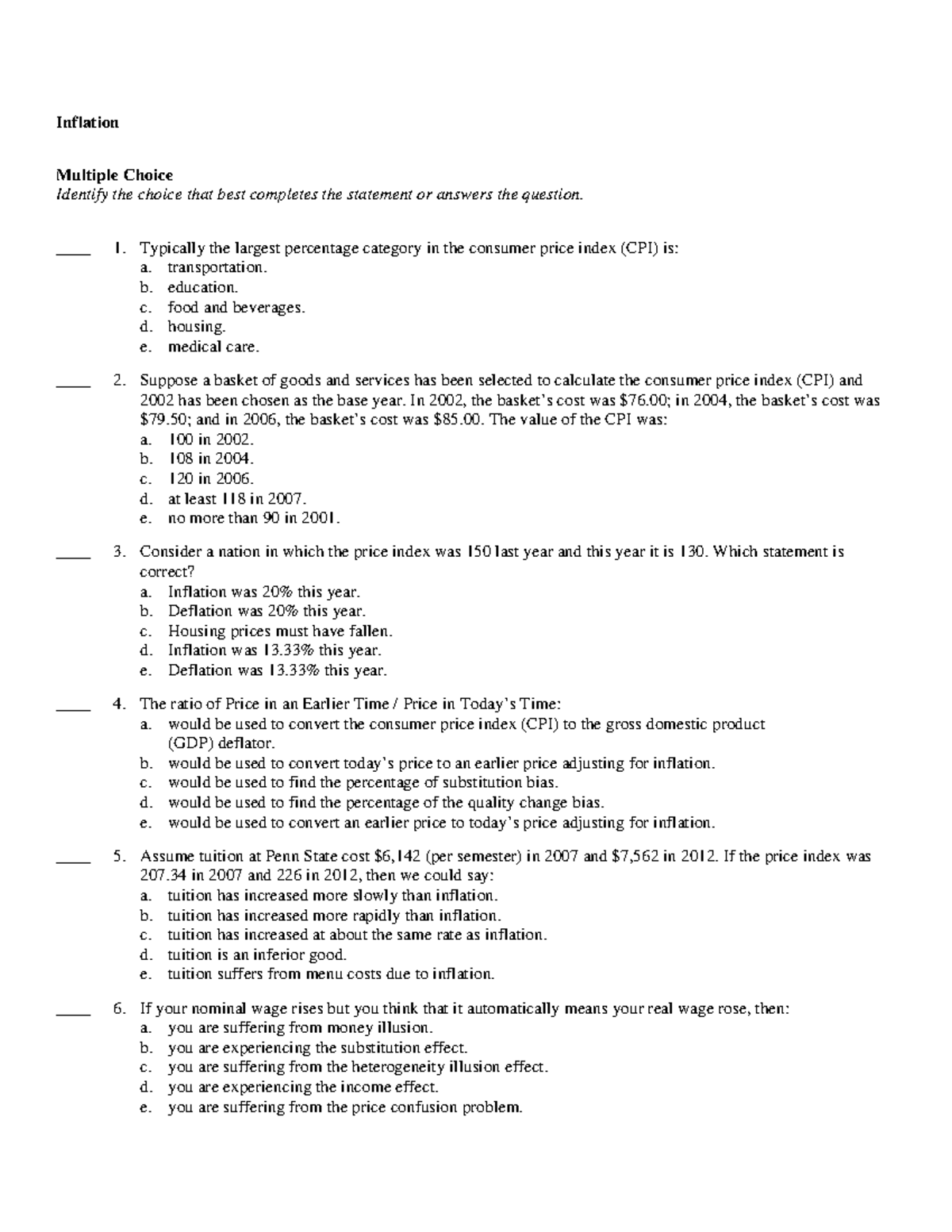 Inflation MCQ Practice Questions - ECON 101 - Studocu