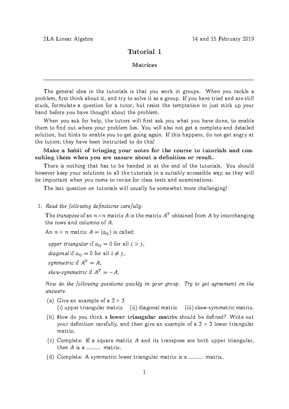 2LA Linear Algebra Tutorial 1: Matrices (Feb 14-15, 2019) - Studocu