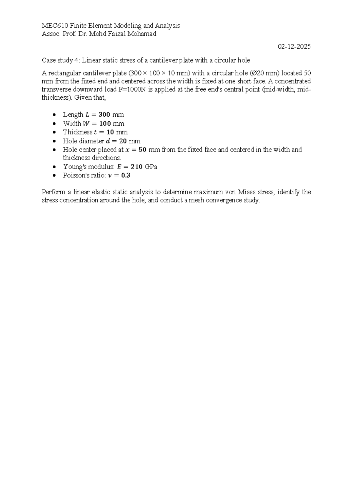 MEC610 Case Study 5: Linear Static Stress Analysis of Cantilever Plate ...