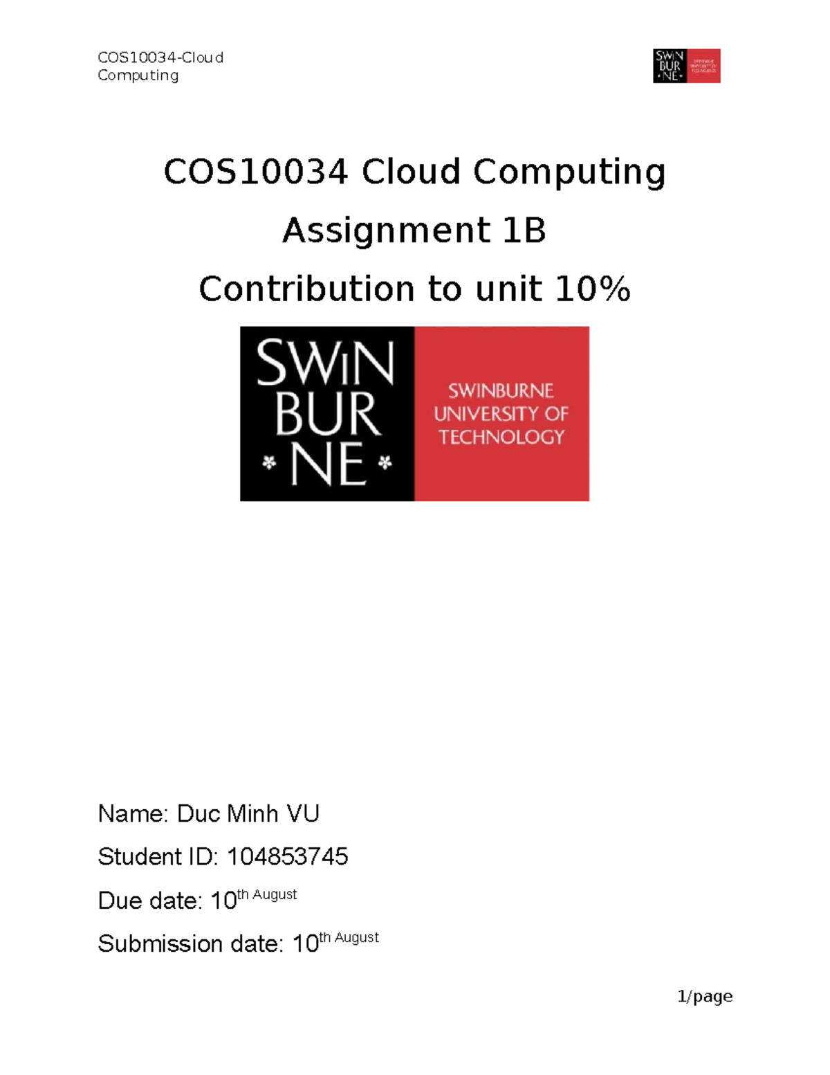 COS10034 Cloud Computing Assignment 1B Overview and Tasks - Studocu