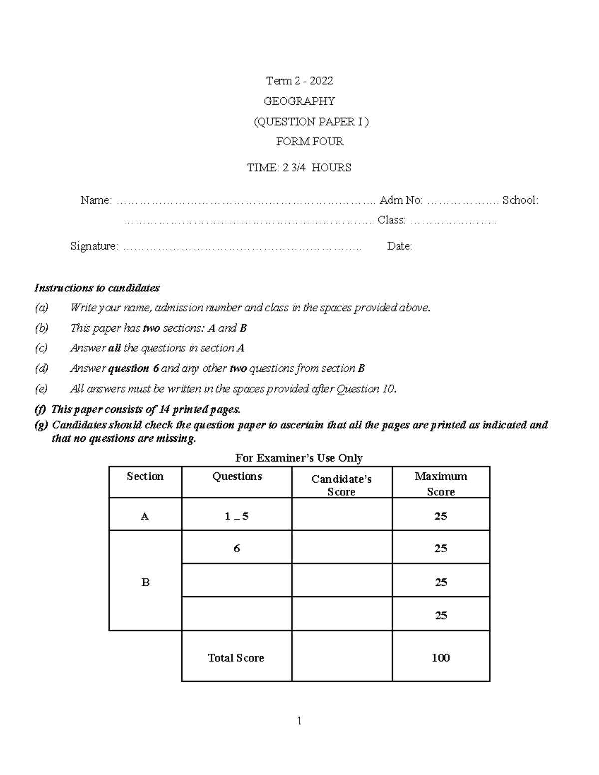Term 2 2022 Geography Paper I - Form Four Exam Questions - Studocu