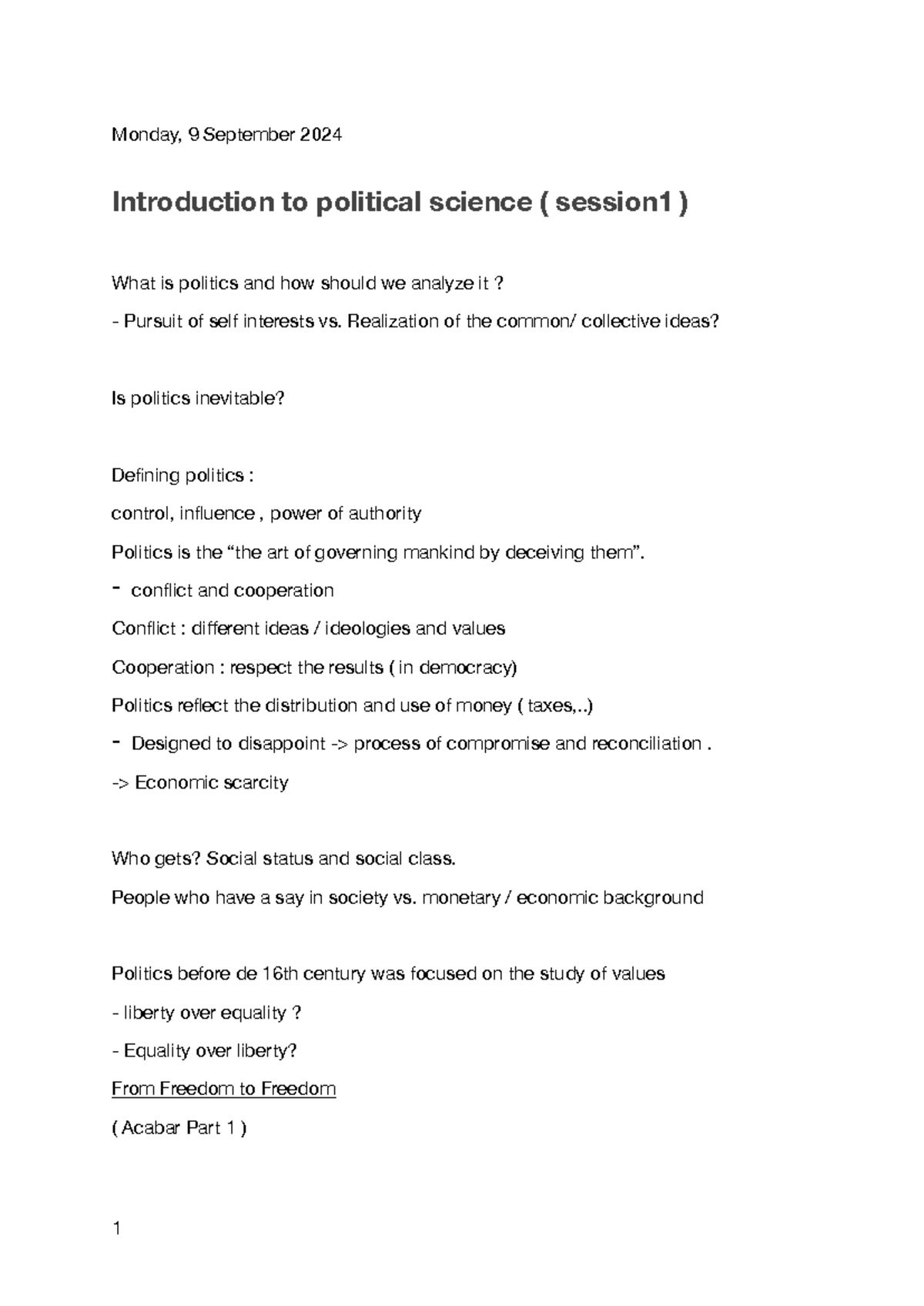 Introduction to Political Science (POL101) - Session 1 Notes - Studocu
