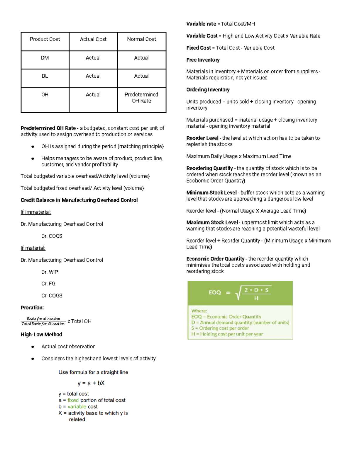 Cost Accounting - Quick Notes (ACC 101) on Variable Costs and Inventory ...