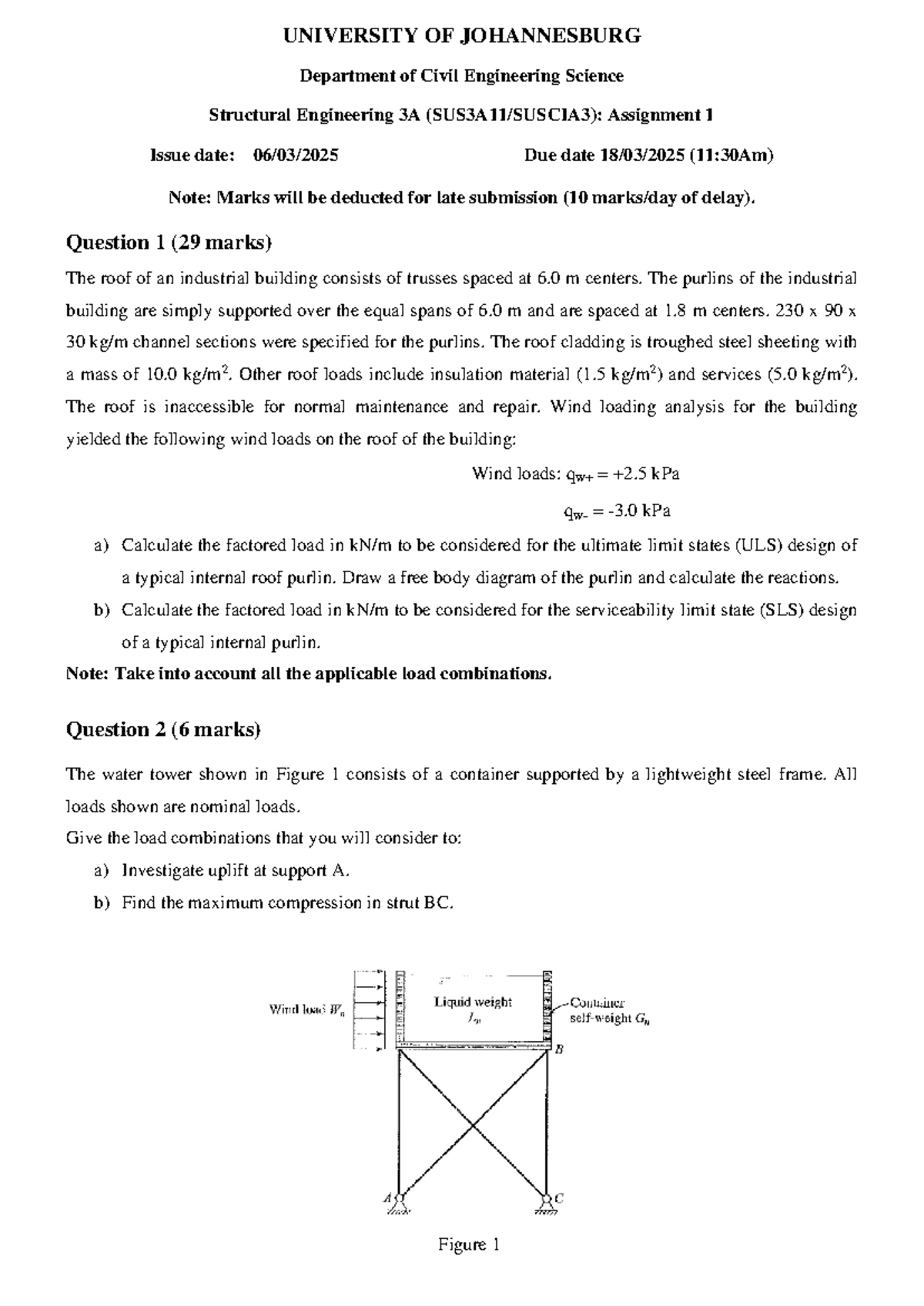 UJ Civil Eng Sci Struc Eng 3A Assignment 1 - Load Calculations ...