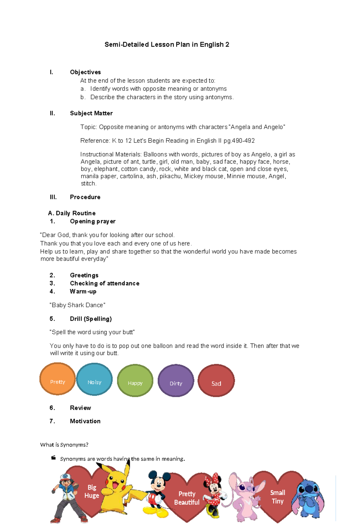 Lesson Plan: Antonyms and Character Descriptions for English 2 - Studocu