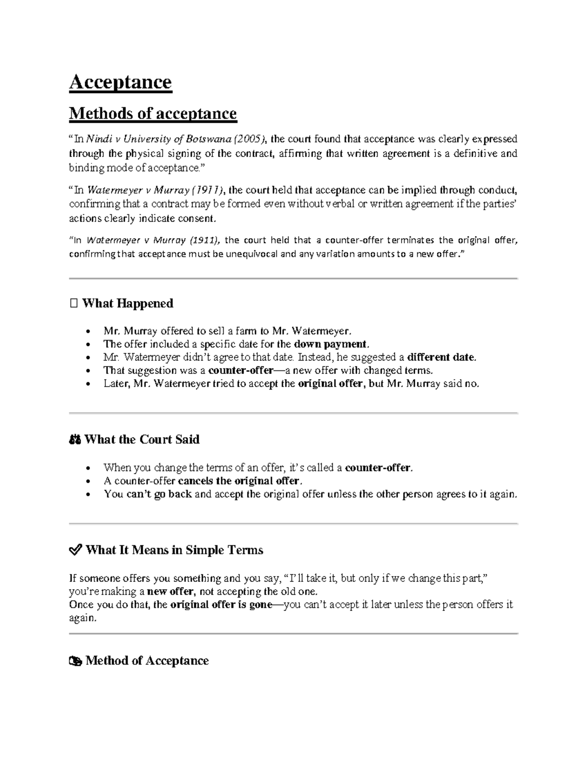 Acceptance Methods in Contract Law: Key Cases & Principles - Studocu