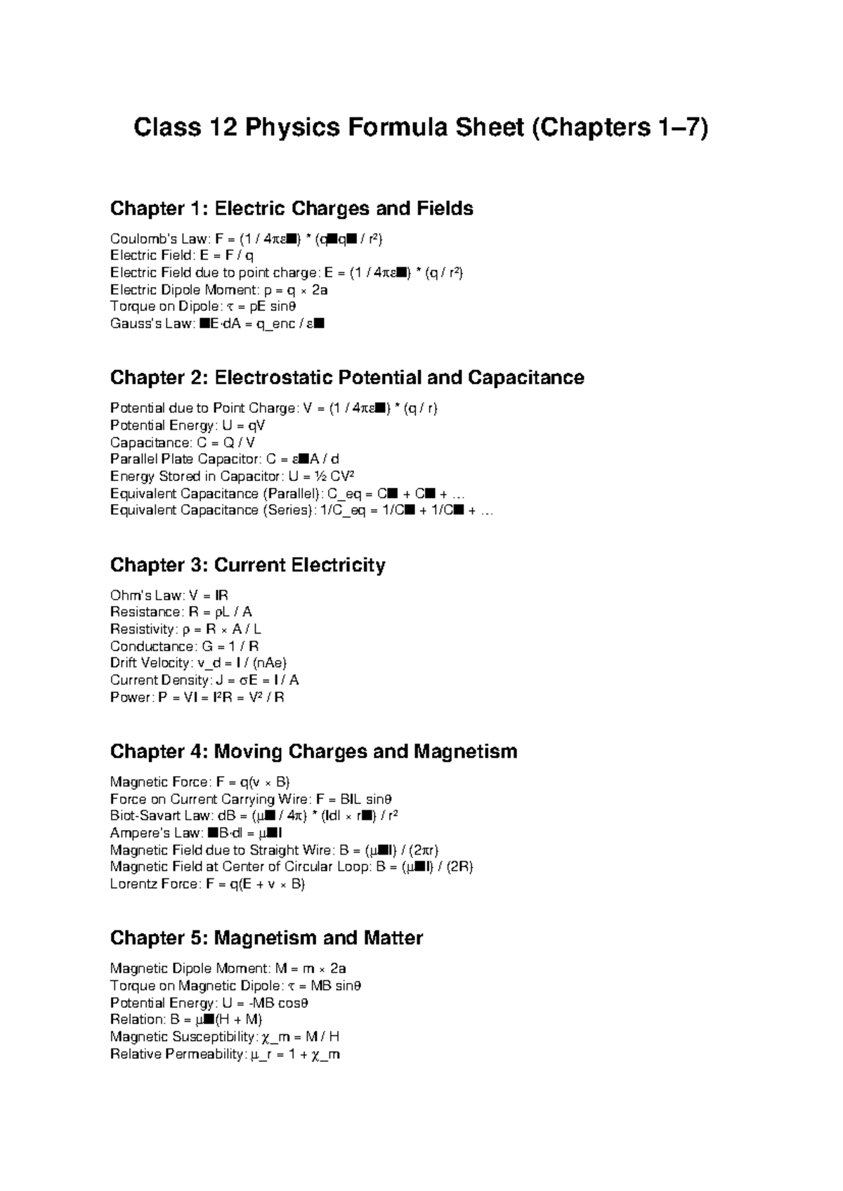 Class 12 Physics Formula Sheet: Chapters 1-5 Summary - Studocu