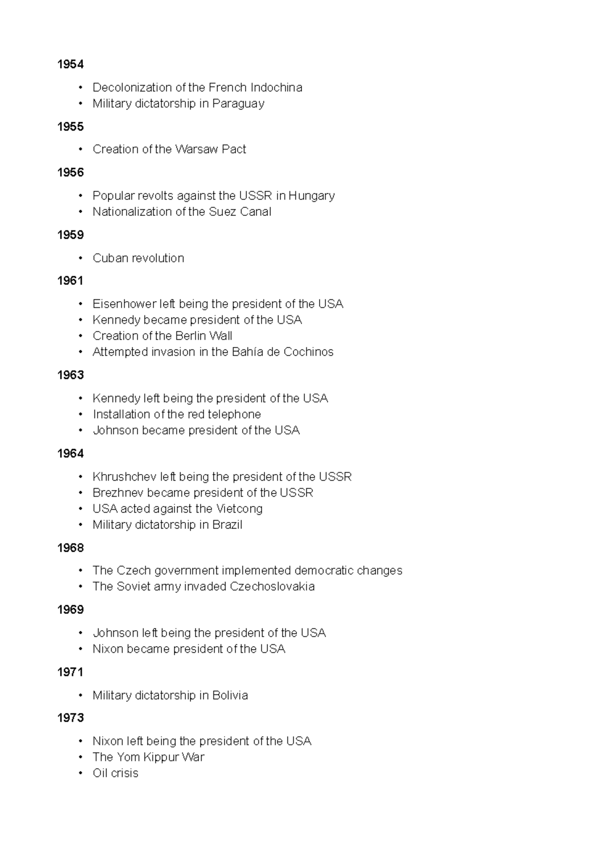 COLD WAR Timeline: Key Events from 1954 to 1973 - Studocu