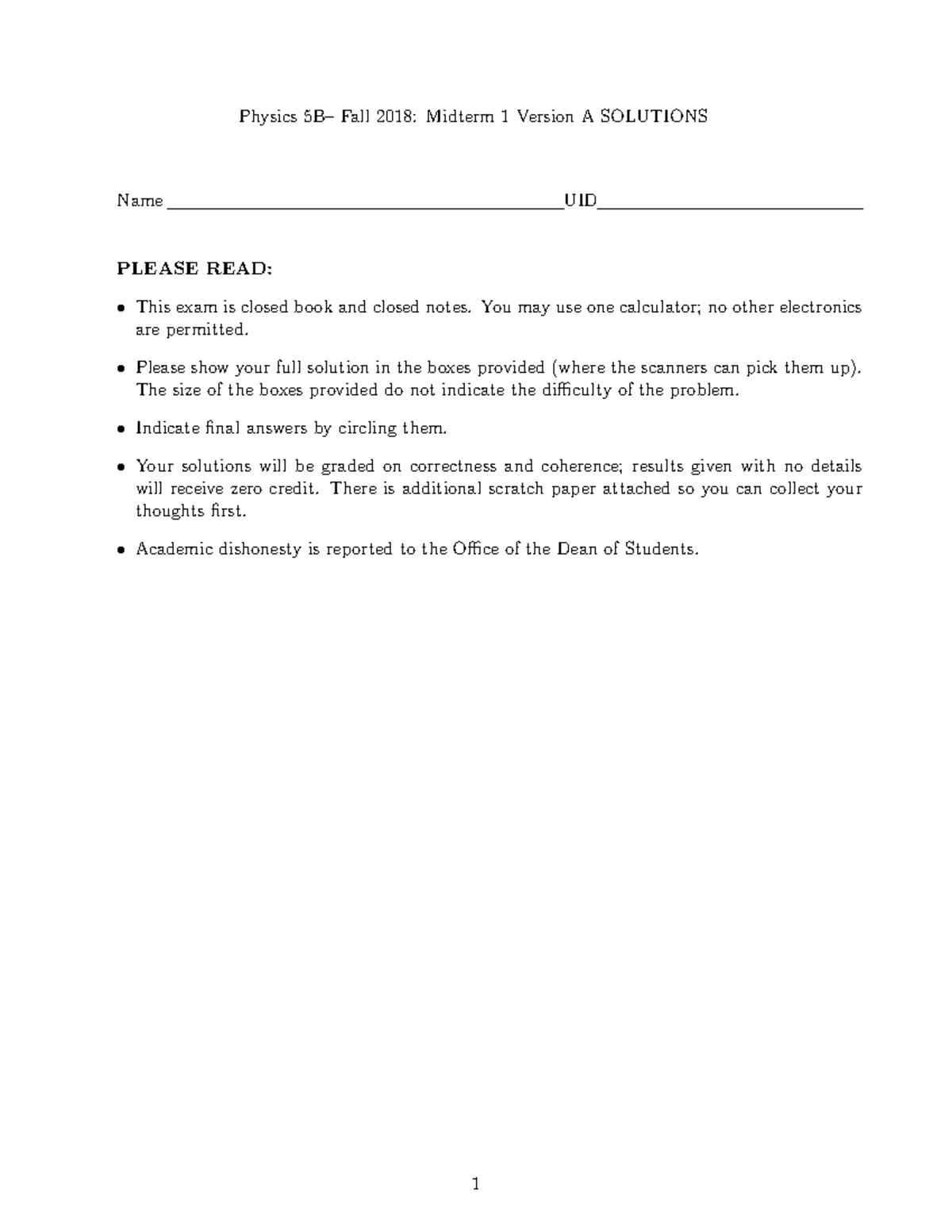 Physics 5B Midterm 1 Fall 2018 Solutions to Exam Version A - Studocu