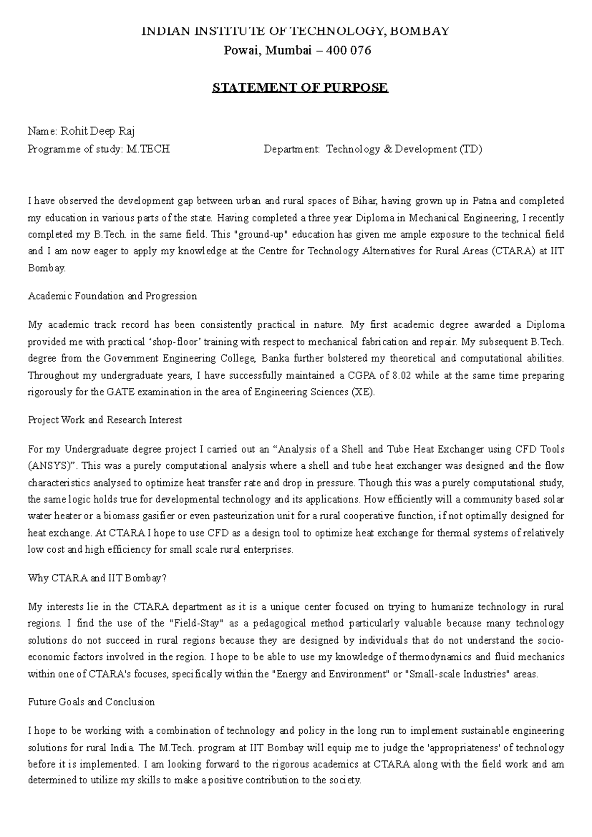 M.TECH Statement of Purpose: Rohit Deep Raj at IIT Bombay - Studocu