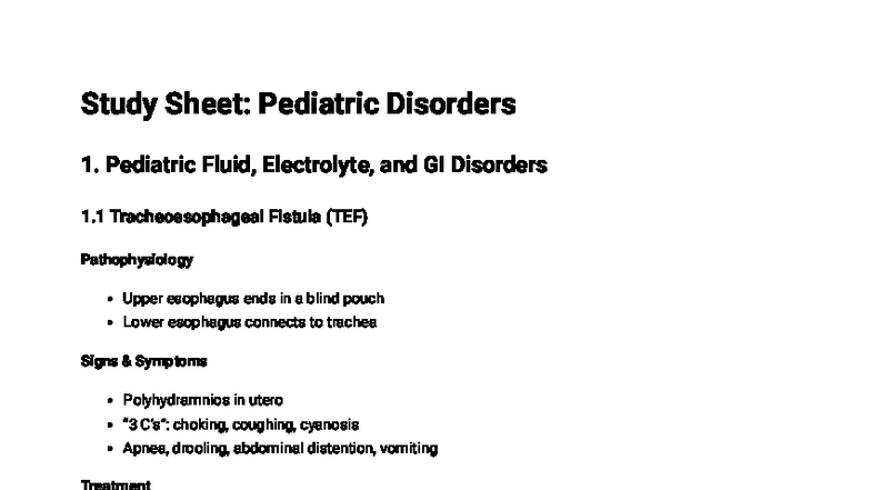 Pediatric Disorders Study Sheet: Med Matrix 170 RV Ex 2 Review - Studocu