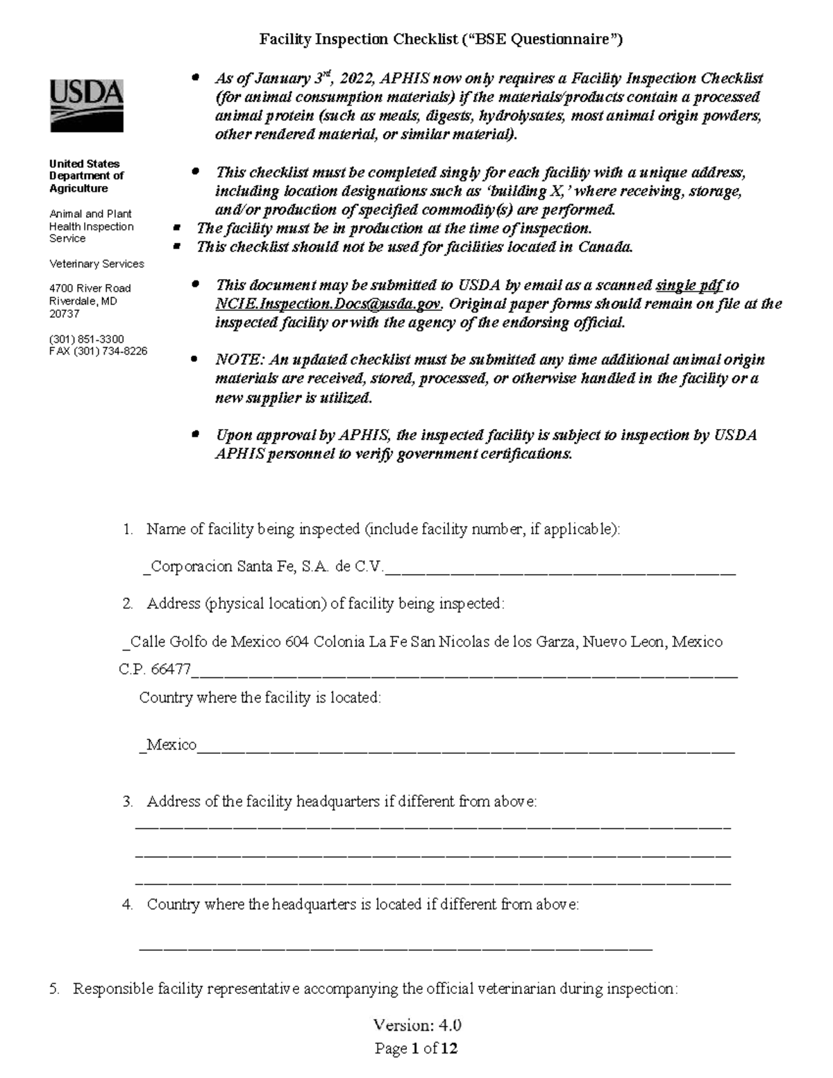 USDA Facility Inspection Checklist for Animal Consumption Materials ...