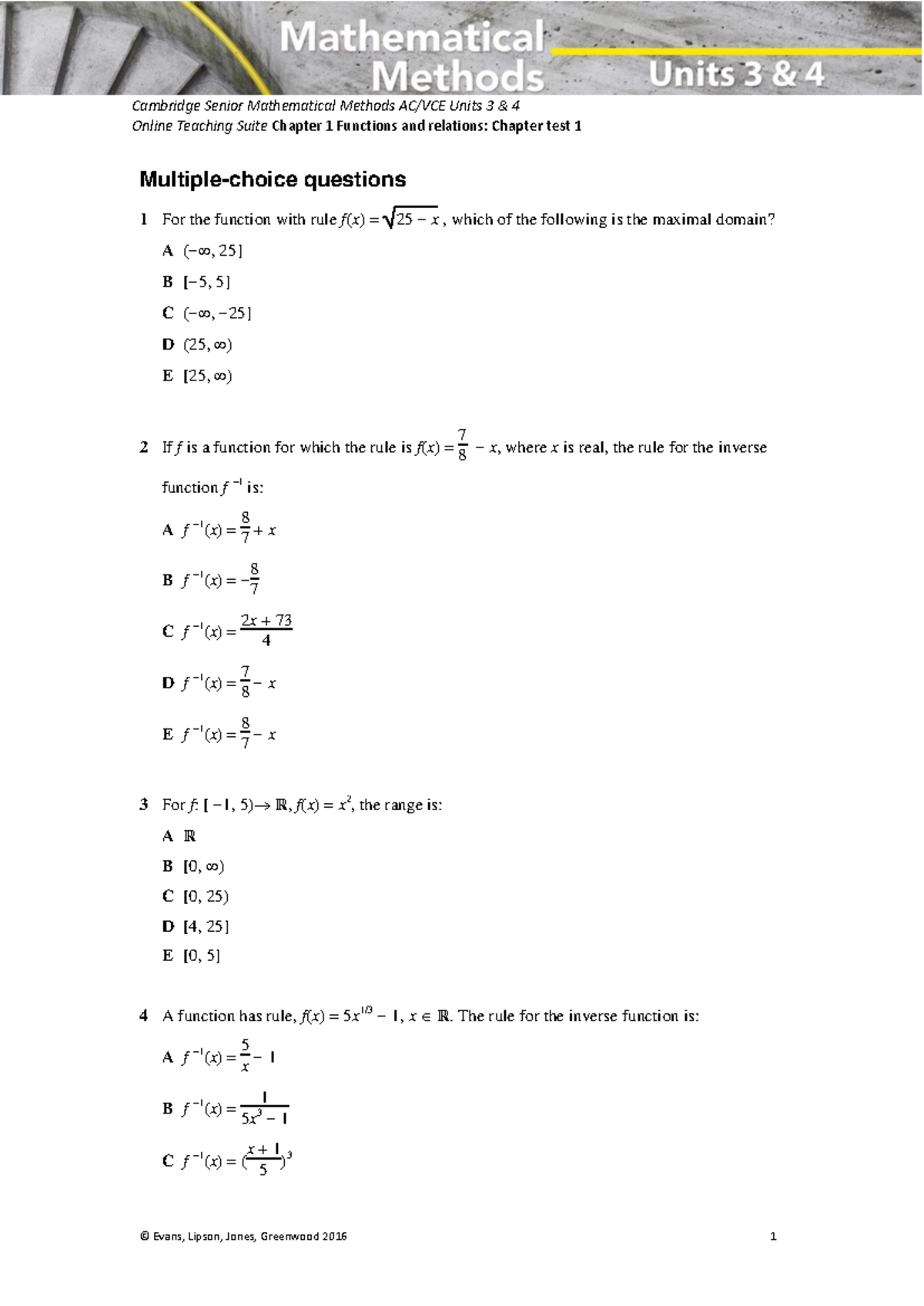 Chapter 1 Test 1 - Practice Questions on Functions & Relations - Studocu