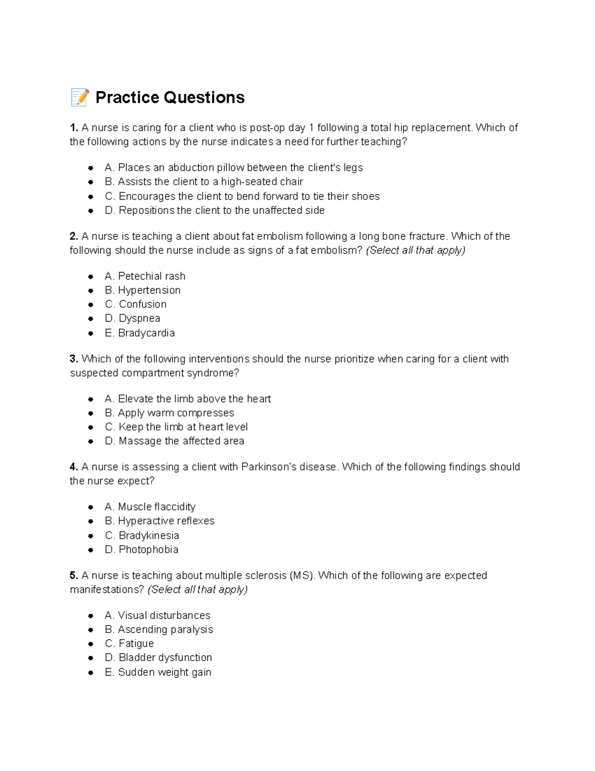 Practice Questions for Nursing Care: Total Hip Replacement ...
