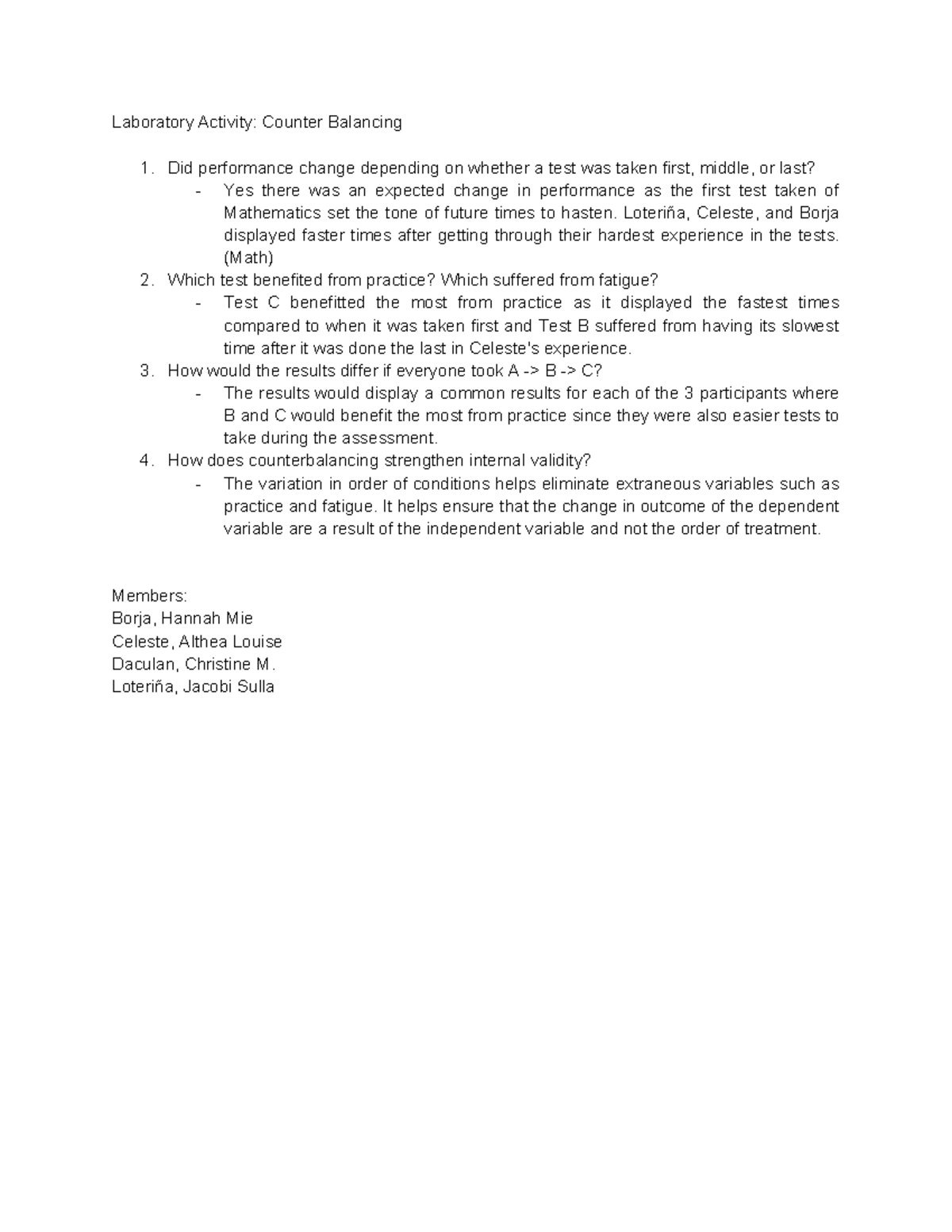 Laboratory Activity: Counter Balancing in Math Performance Analysis ...