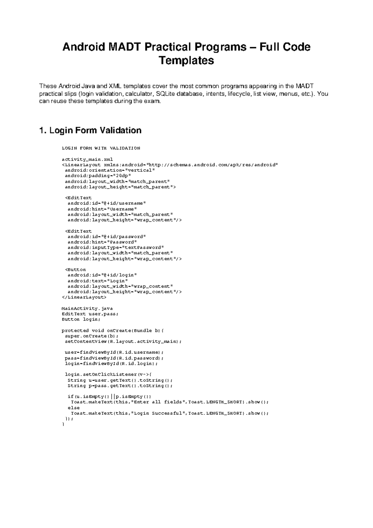 Android MADT Practical Programs: Code Templates for Exams - Studocu