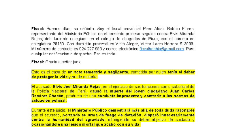 Fiscal: Caso de Homicidio Culposo - Elvis Miranda Rojas - Studocu