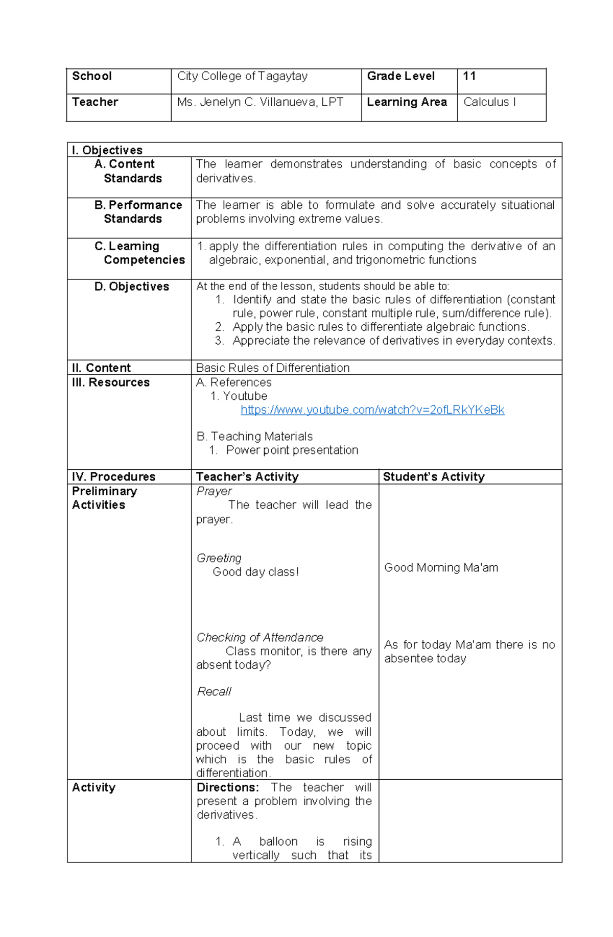 Calculus I Lesson Plan: Basic Rules of Differentiation (Grade 11) - Document Preview