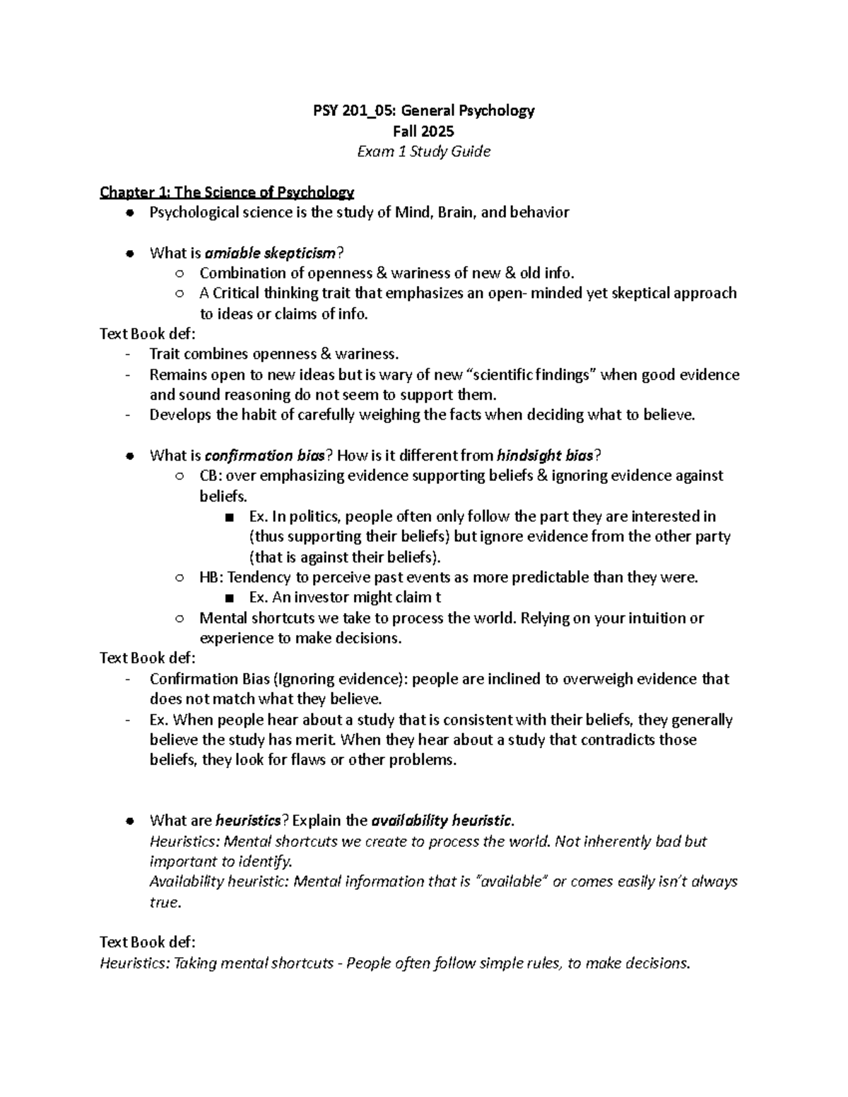 PSY 201_05: General Psychology Fall 2025 Exam 1 Study Guide - Studocu