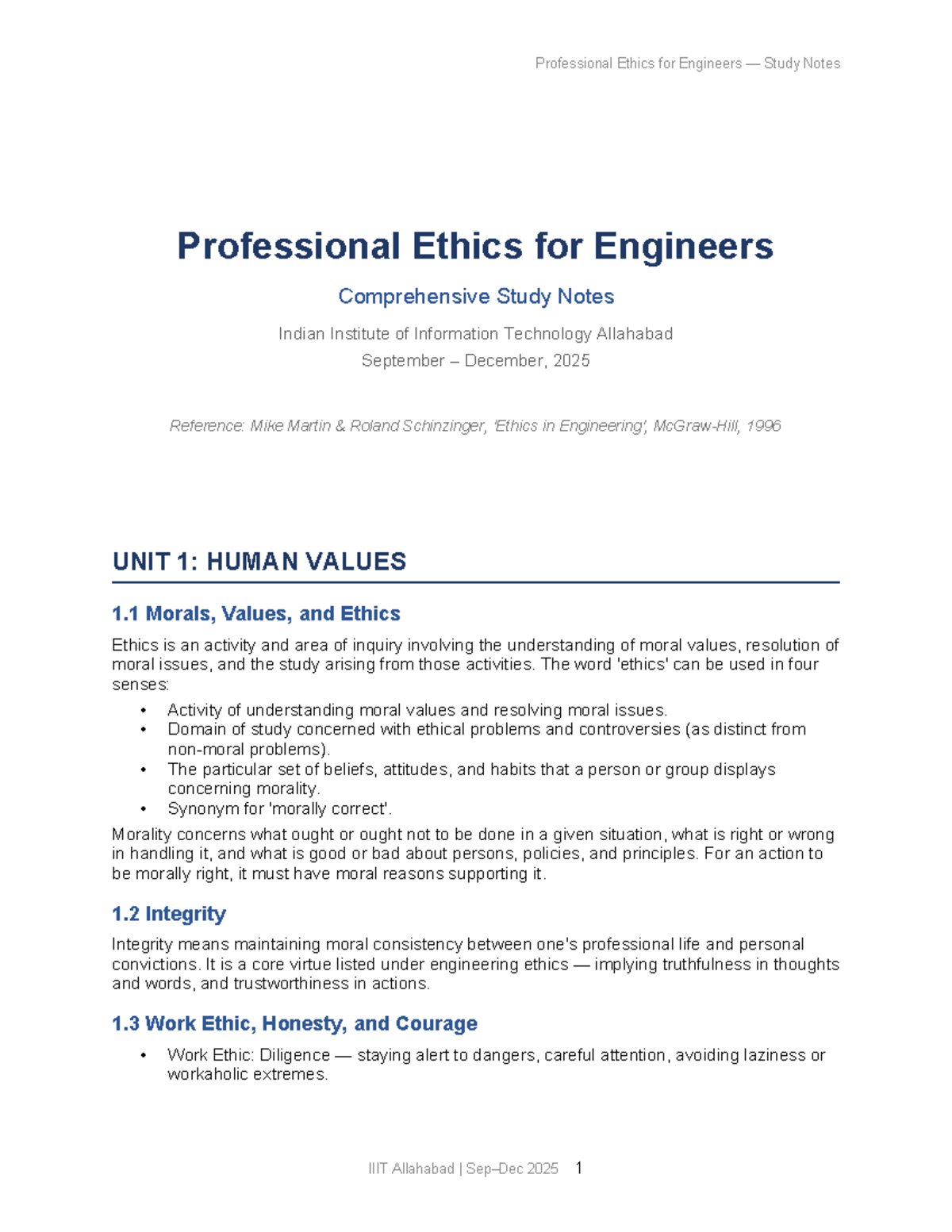 Professional Ethics for Engineers Study Notes (IIIT Allahabad) - Studocu