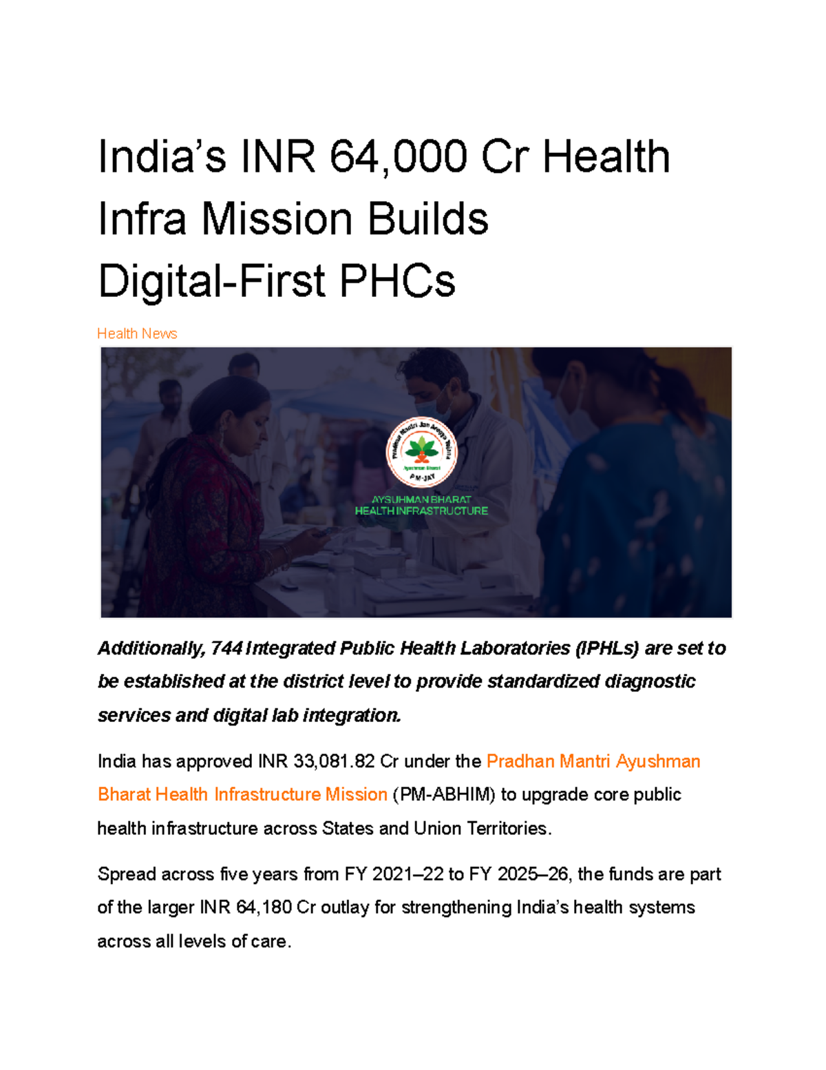 India's INR 64,000 Cr Health Infra Mission: Digital PHCs Development ...