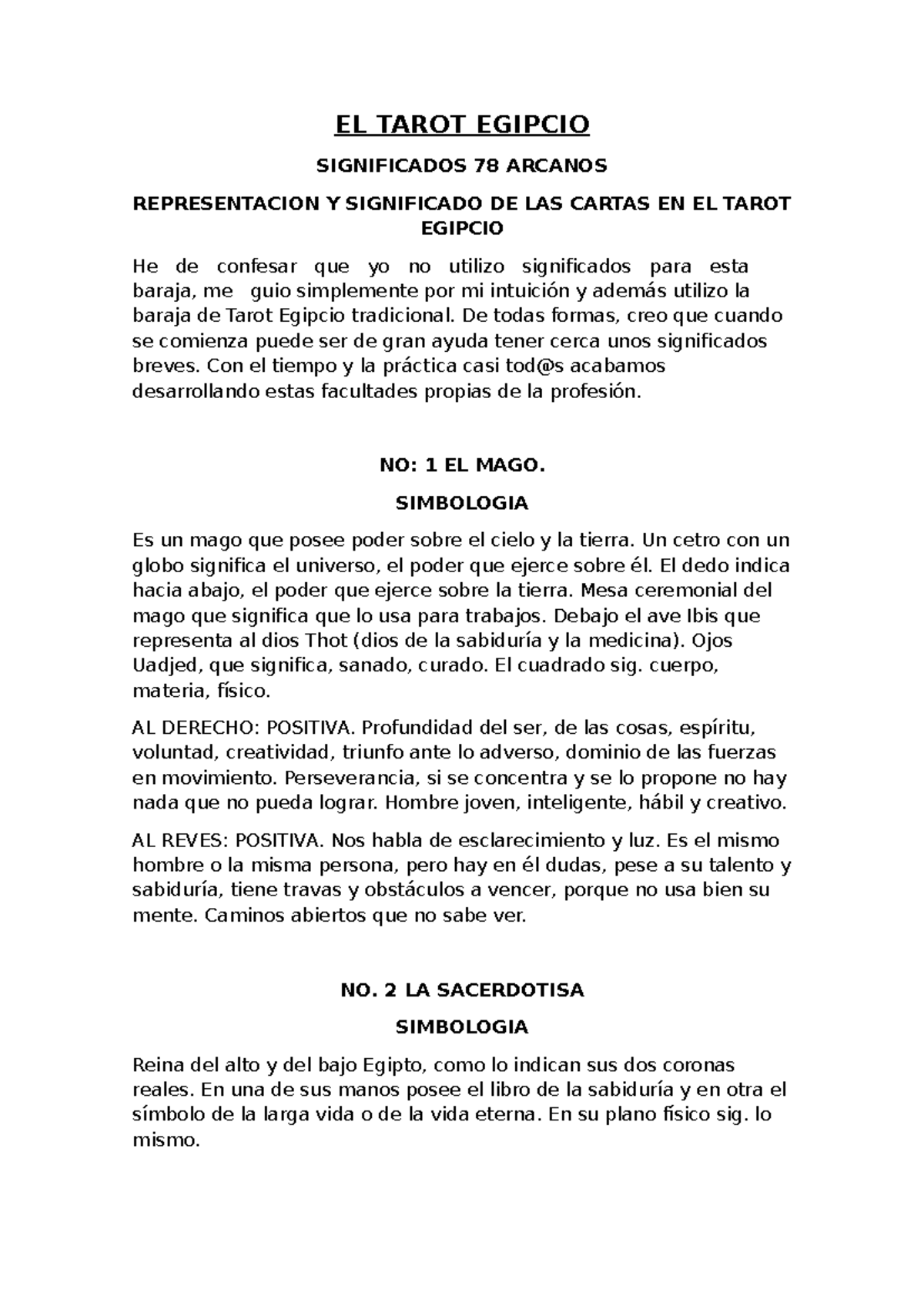 EL TAROT EGIPCIO - Significados y Representación de los Arcanos - Studocu