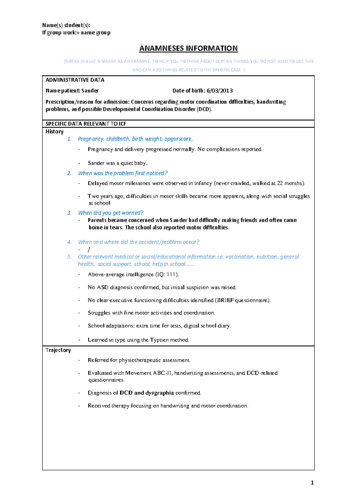 Paediatric History Form Sander - Name(s) student(s): If group work ...