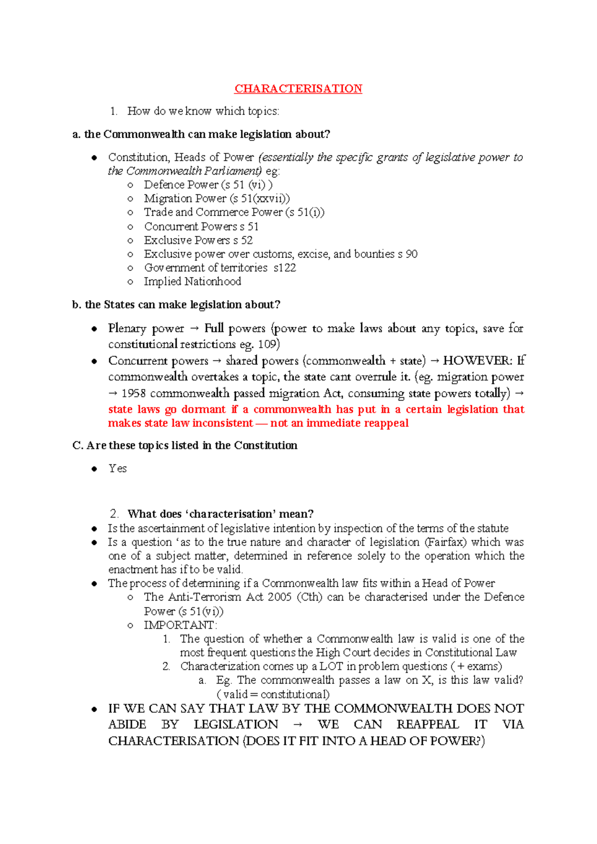 Australian Constitutional Law Notes: Characterisation & Legislative ...