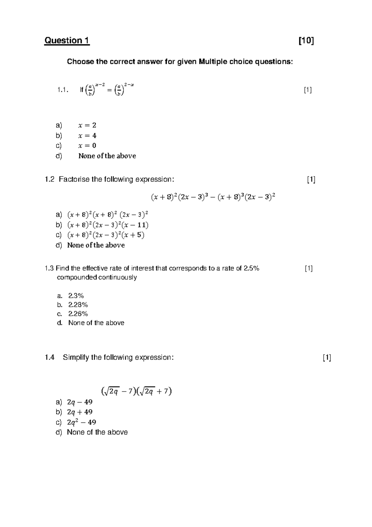 MAEB0A1 - A practise sheet of Maa - Question 1 [10] Choose the correct ...