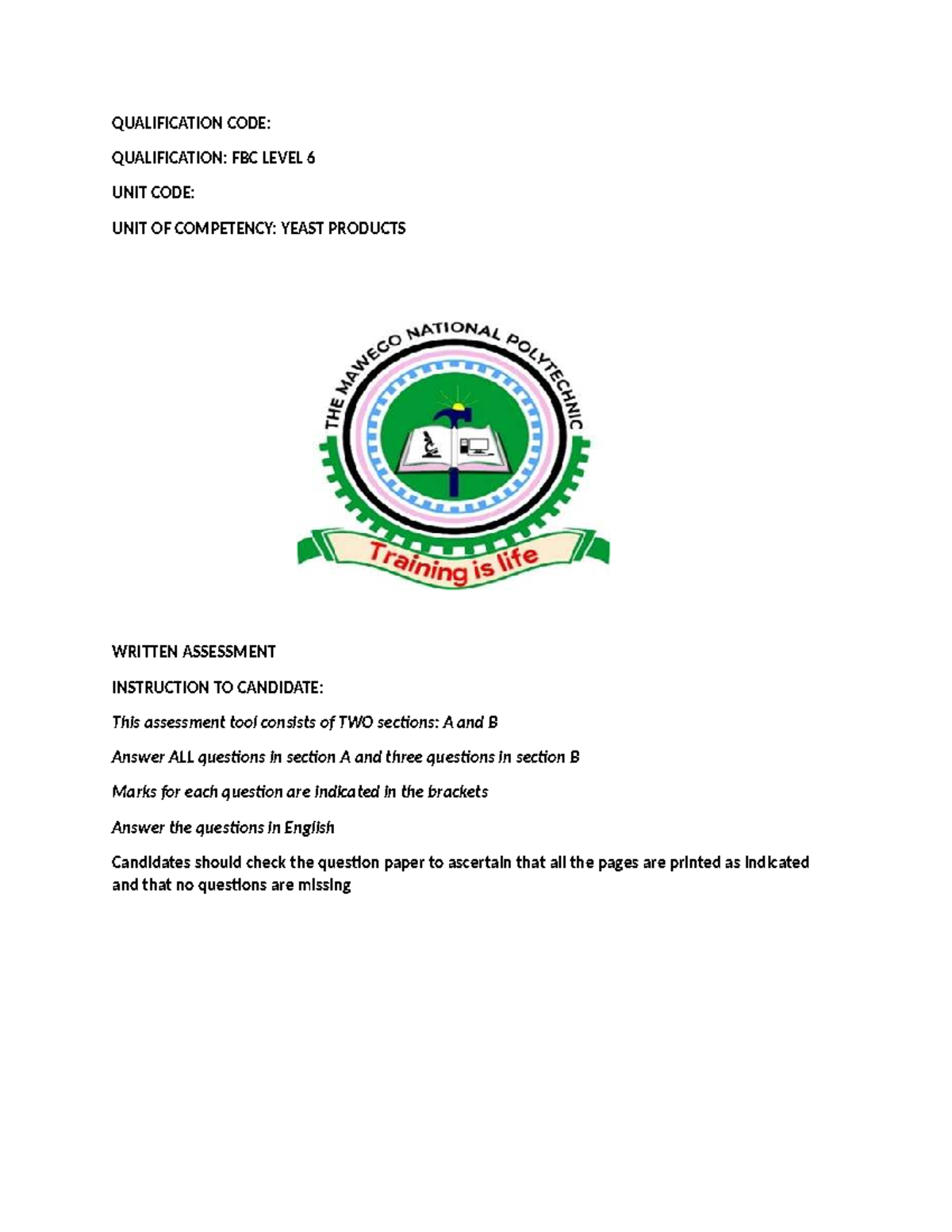 FBC Level 6 Yeast Products Written Assessment Instructions - Studocu