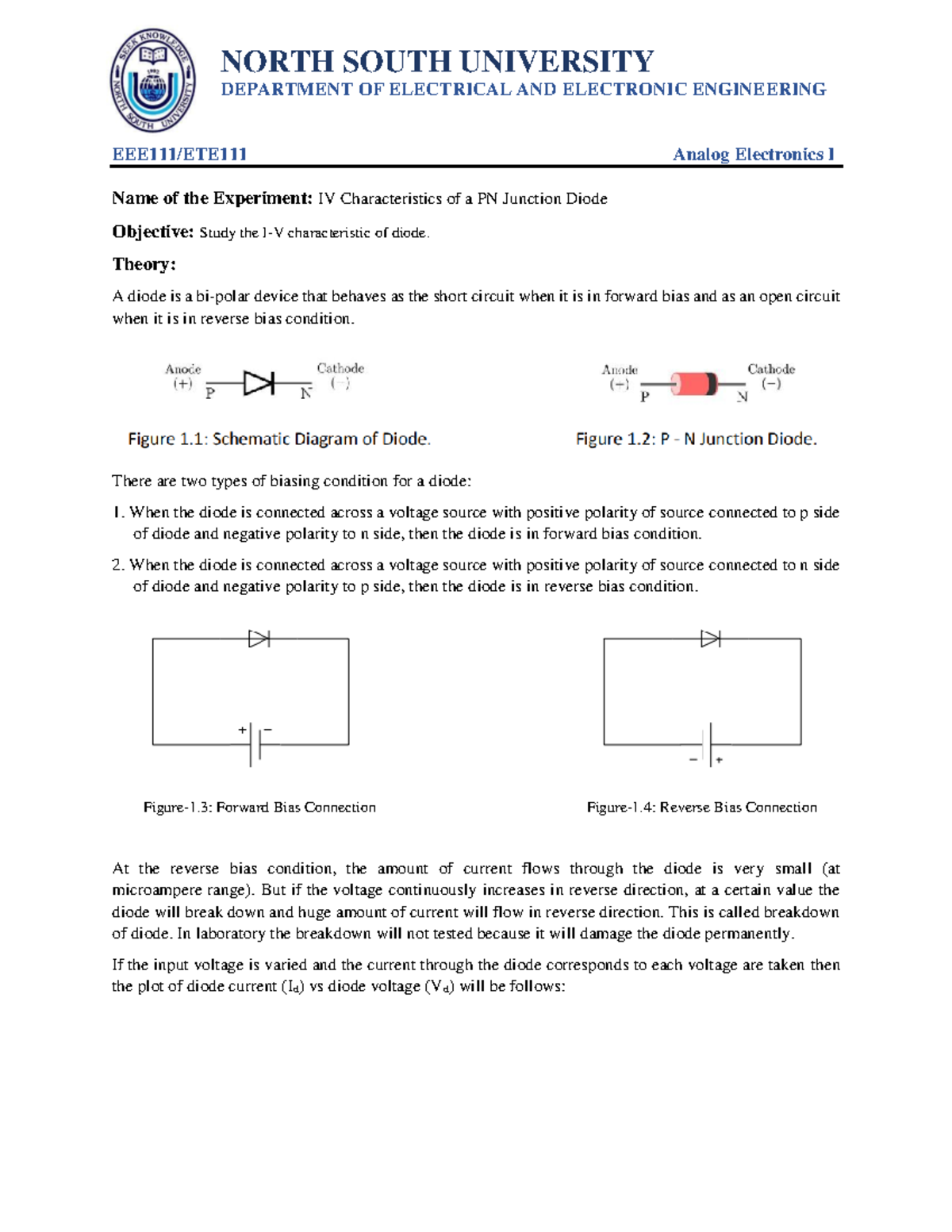 IV Characteristics of PN Junction Diode - EEE111 Experiment 01 - Studocu