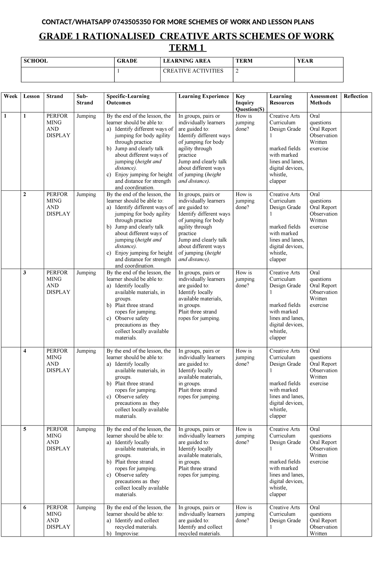 Grade 1 TERM 2 Creative Arts Schemes of Work @0743505350 - Studocu