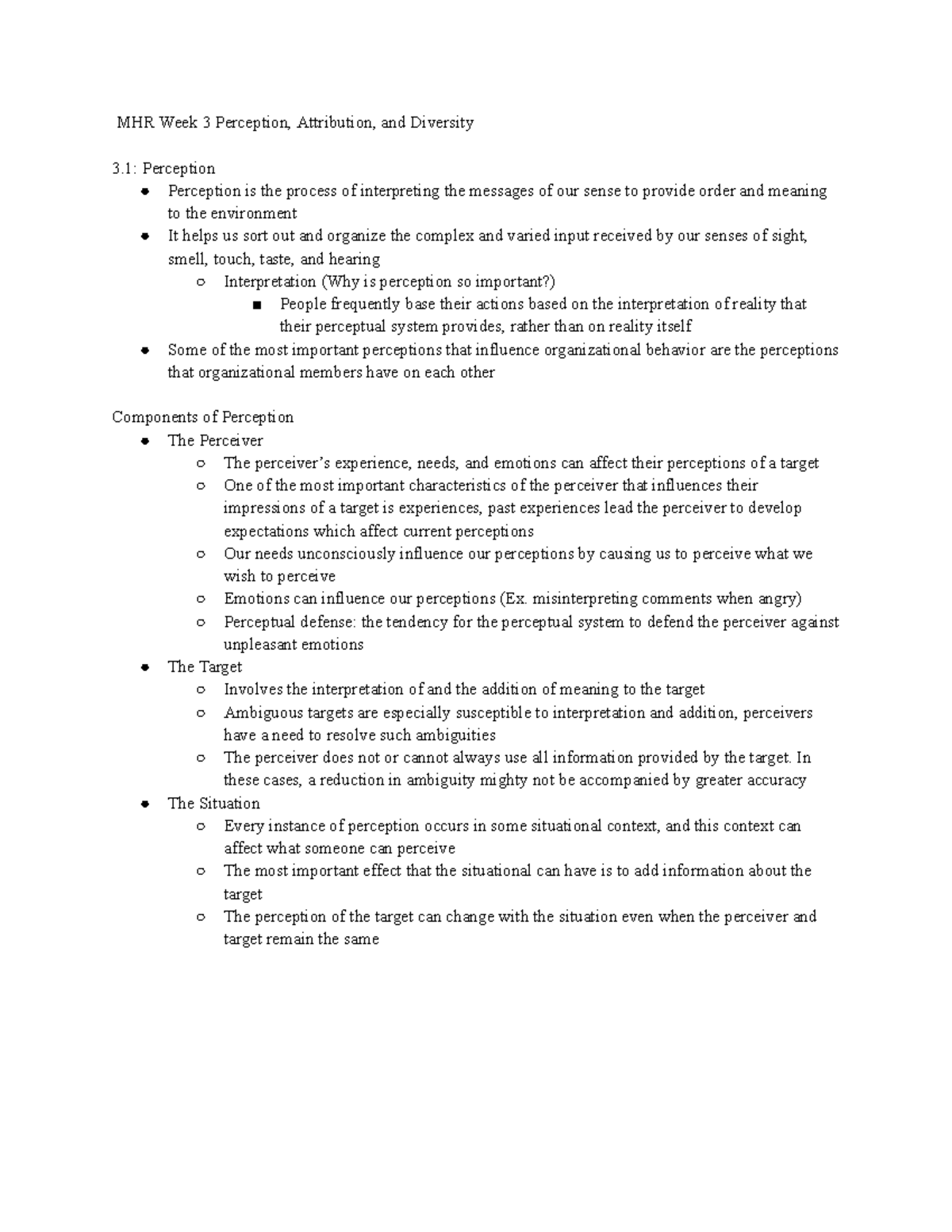 MHR 405 Week 3 Lecture Notes: Perception, Attribution & Diversity - Studocu