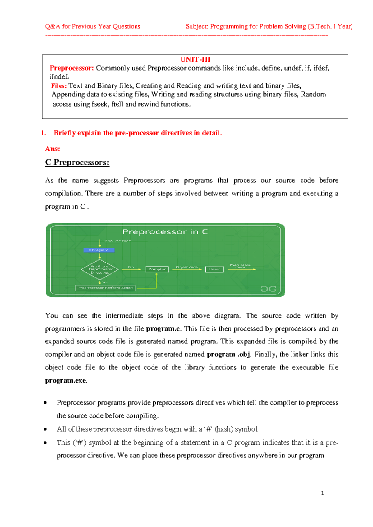 PPS B.Tech I Year: Preprocessor Commands & File Operations Notes - Studocu