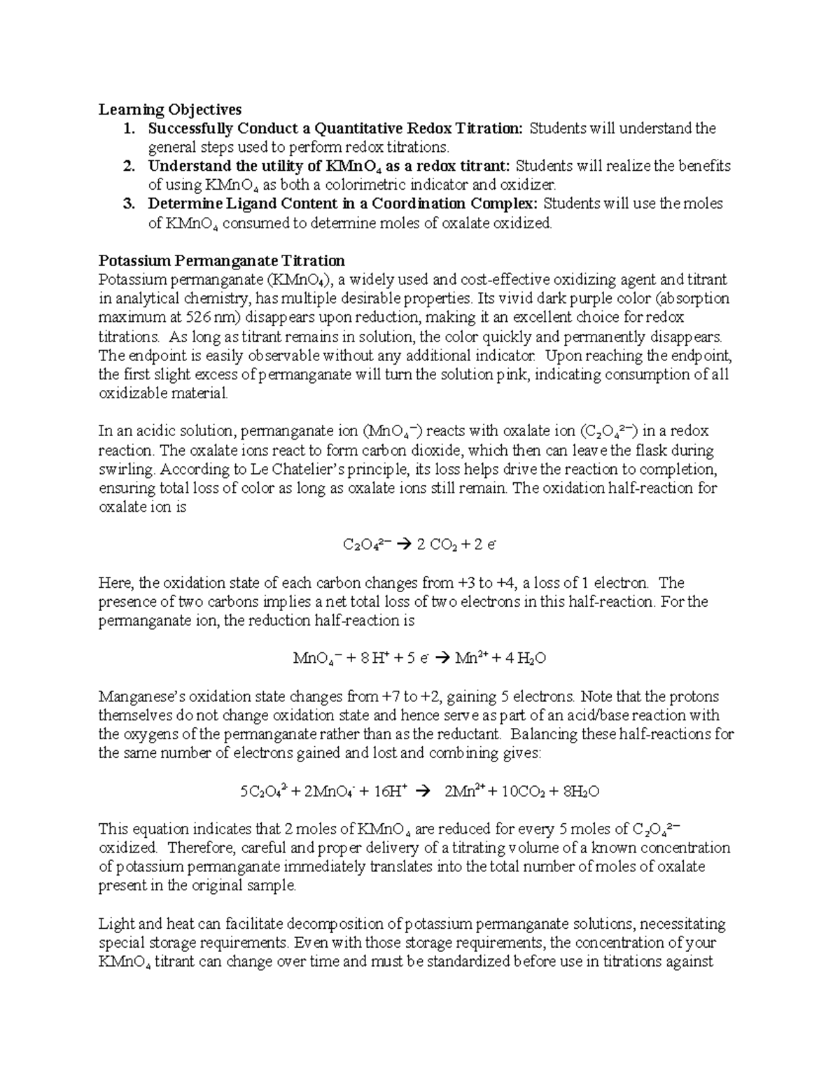 KTOF Potassium Permanganate Titration Overview and Objectives - Studocu