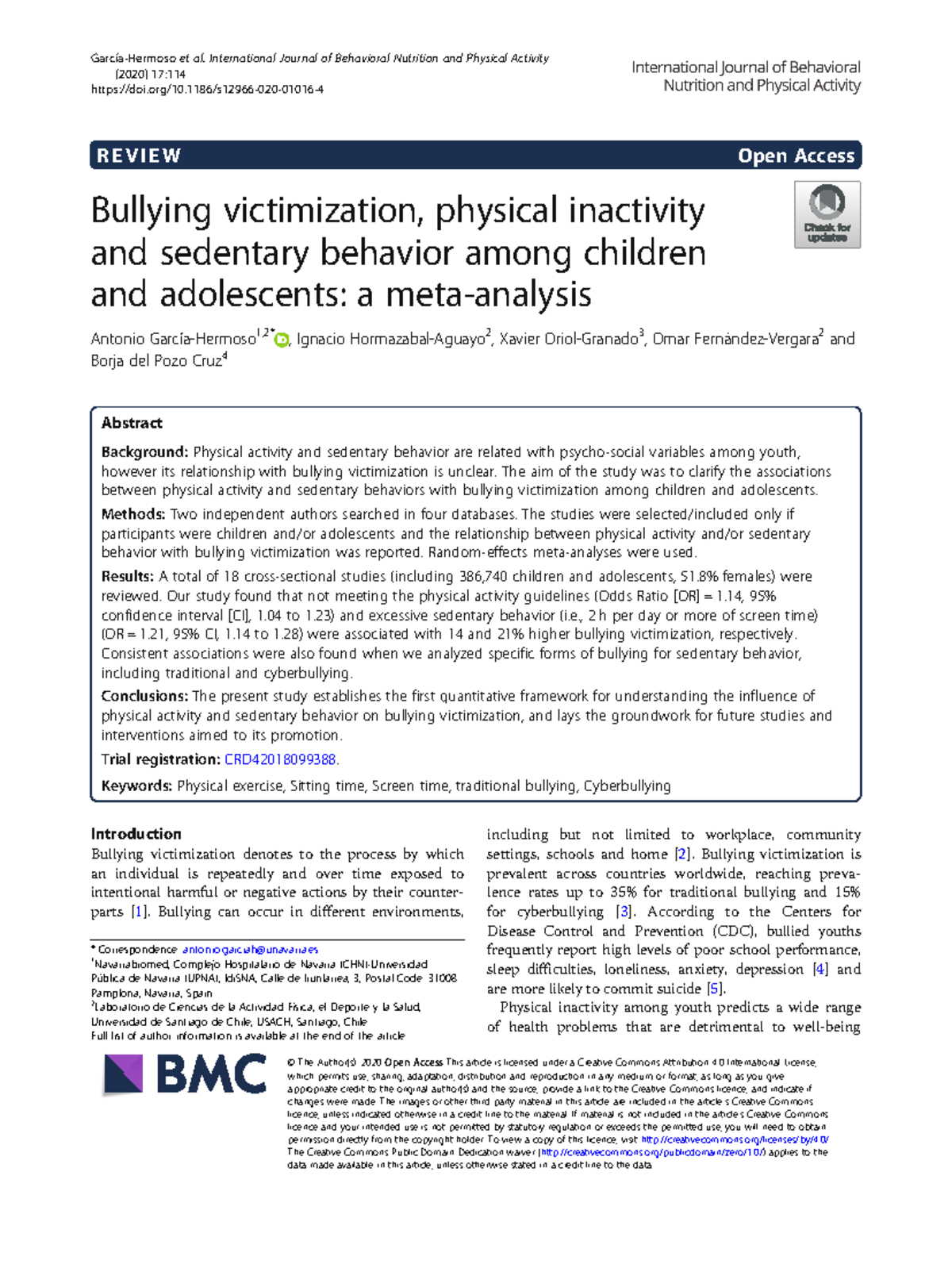 S12966 020 01016 4 - Bullying Victimization, Physical Activity ...