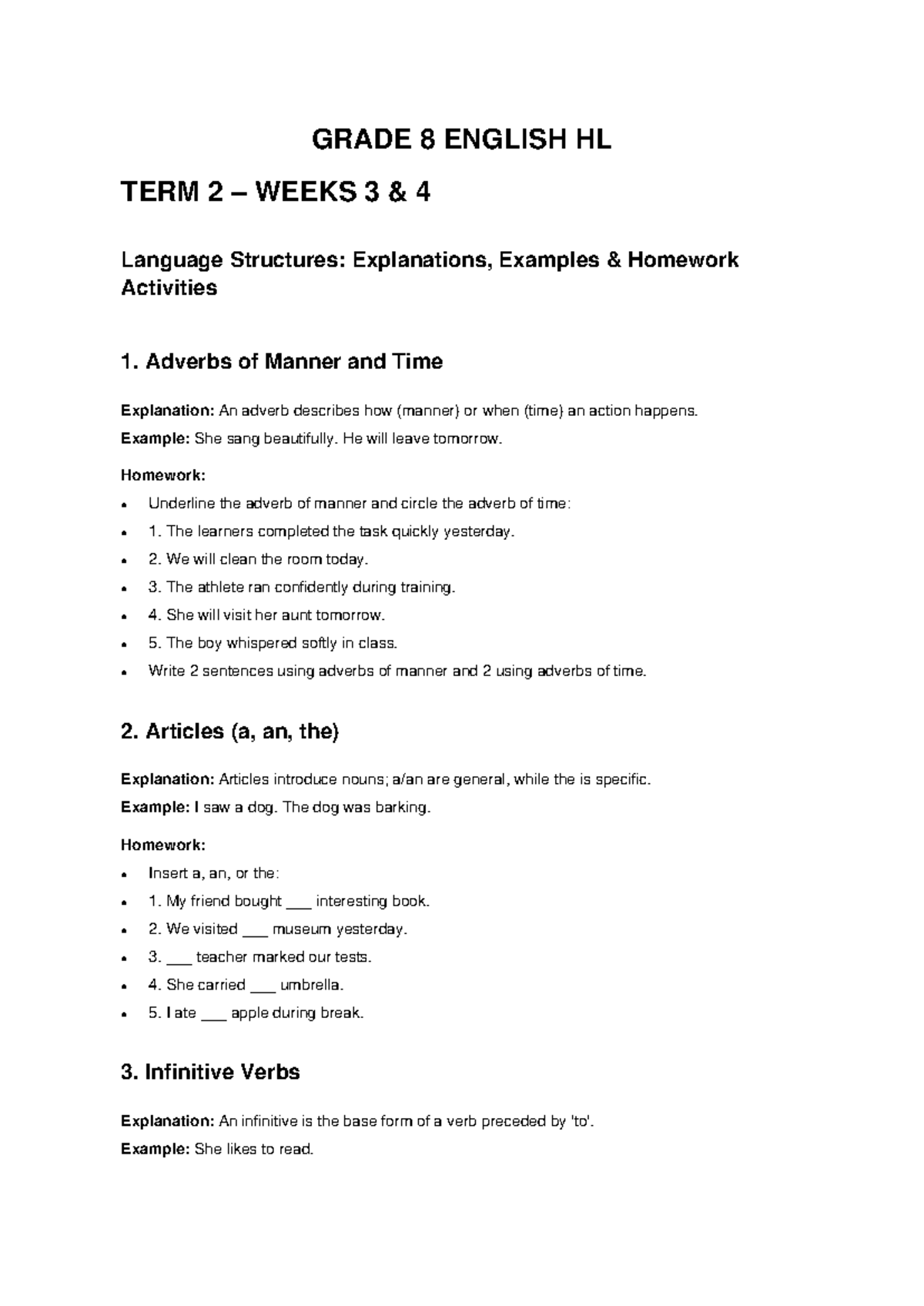 GRADE 8 ENGLISH HL TERM 2 WEEKS 3-4: Language Structures Homework ...