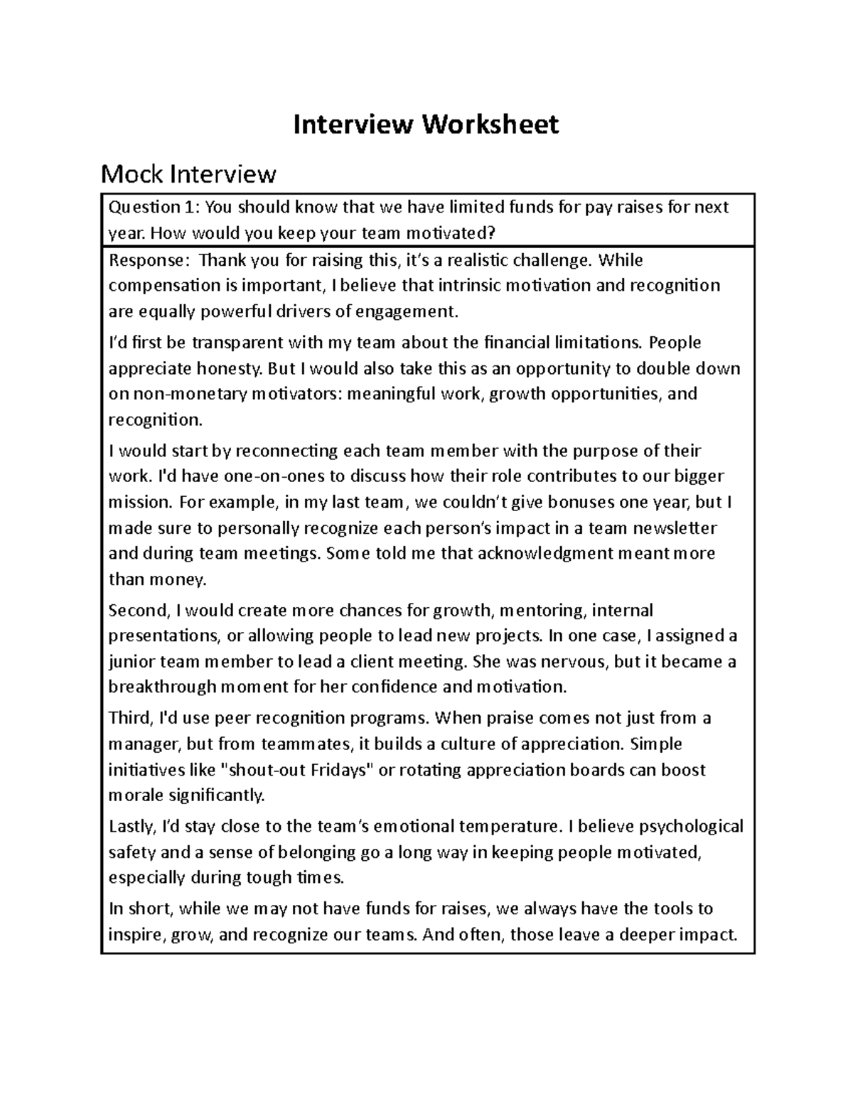 Interview Worksheet: LPT Capstone Assignment Insights and Strategies ...