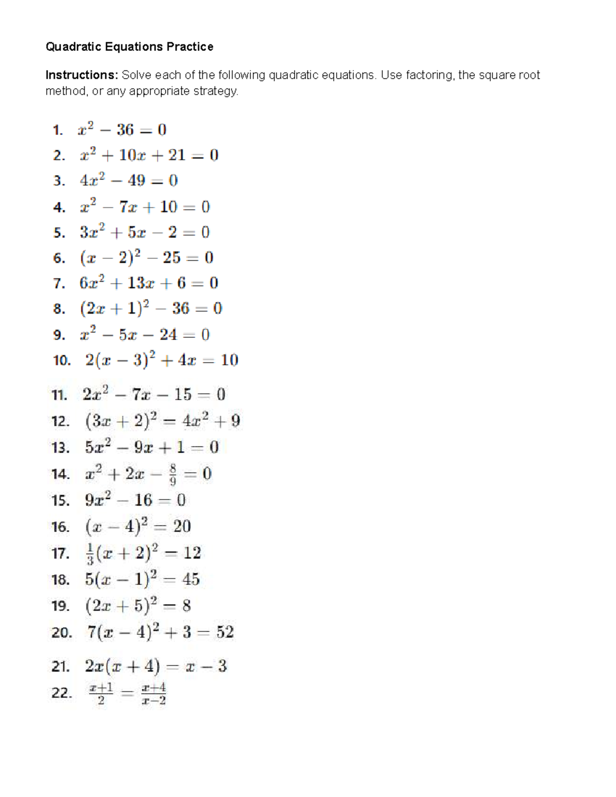 Quadratic Equations Practice - MATH 101 - Quadratic Equations Practice ...