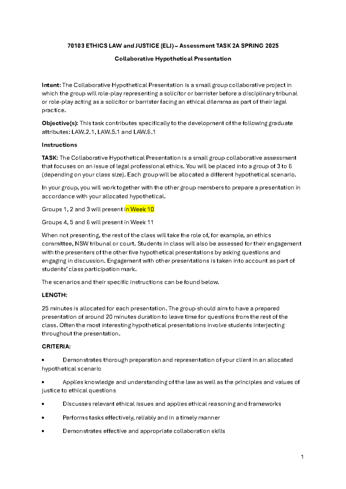 70103 ELJ Assessment Task 2A: Collaborative Hypothetical Presentation ...