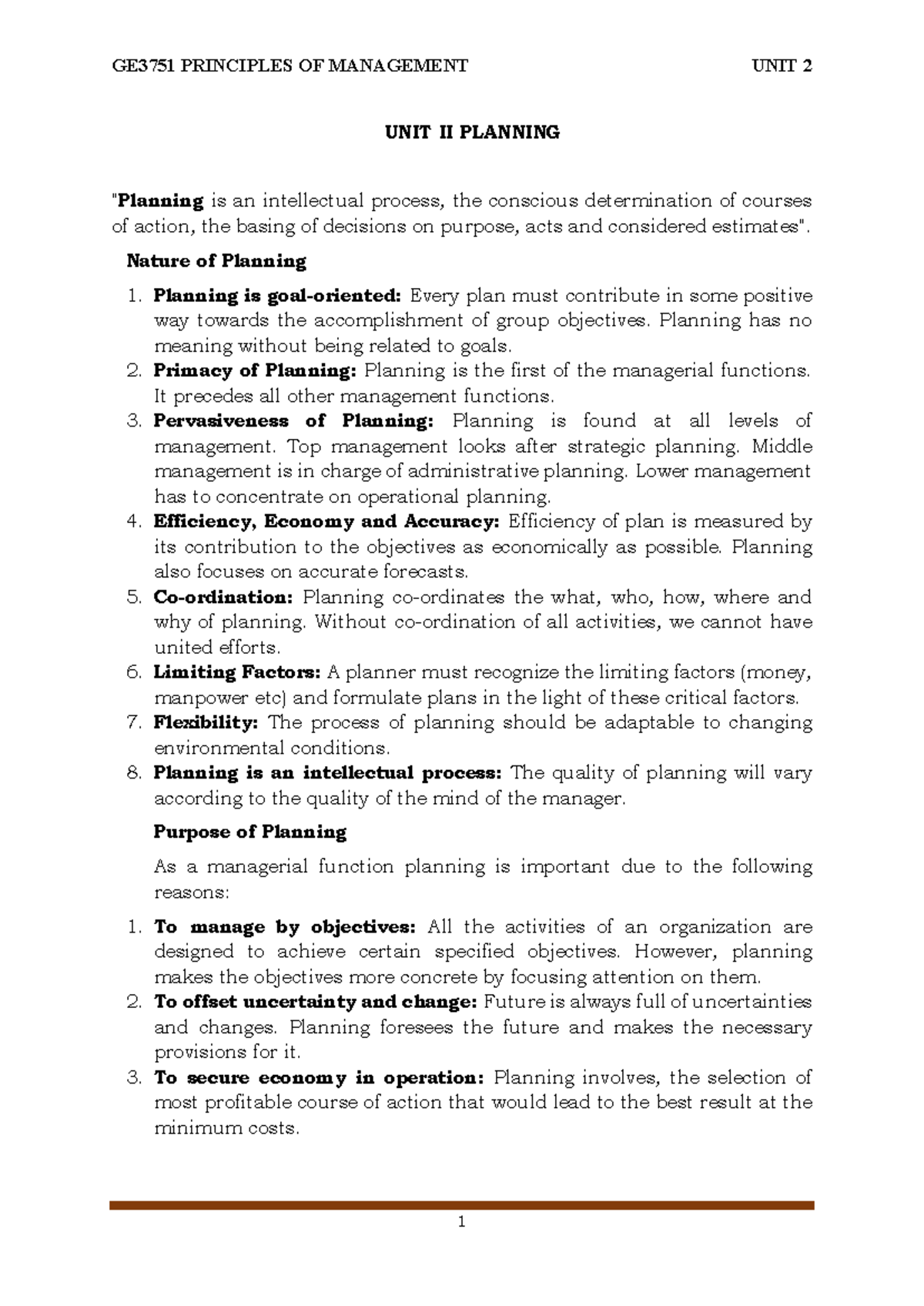 GE3751 PRINCIPLES OF MANAGEMENT UNIT II: PLANNING AND DECISION MAKING ...