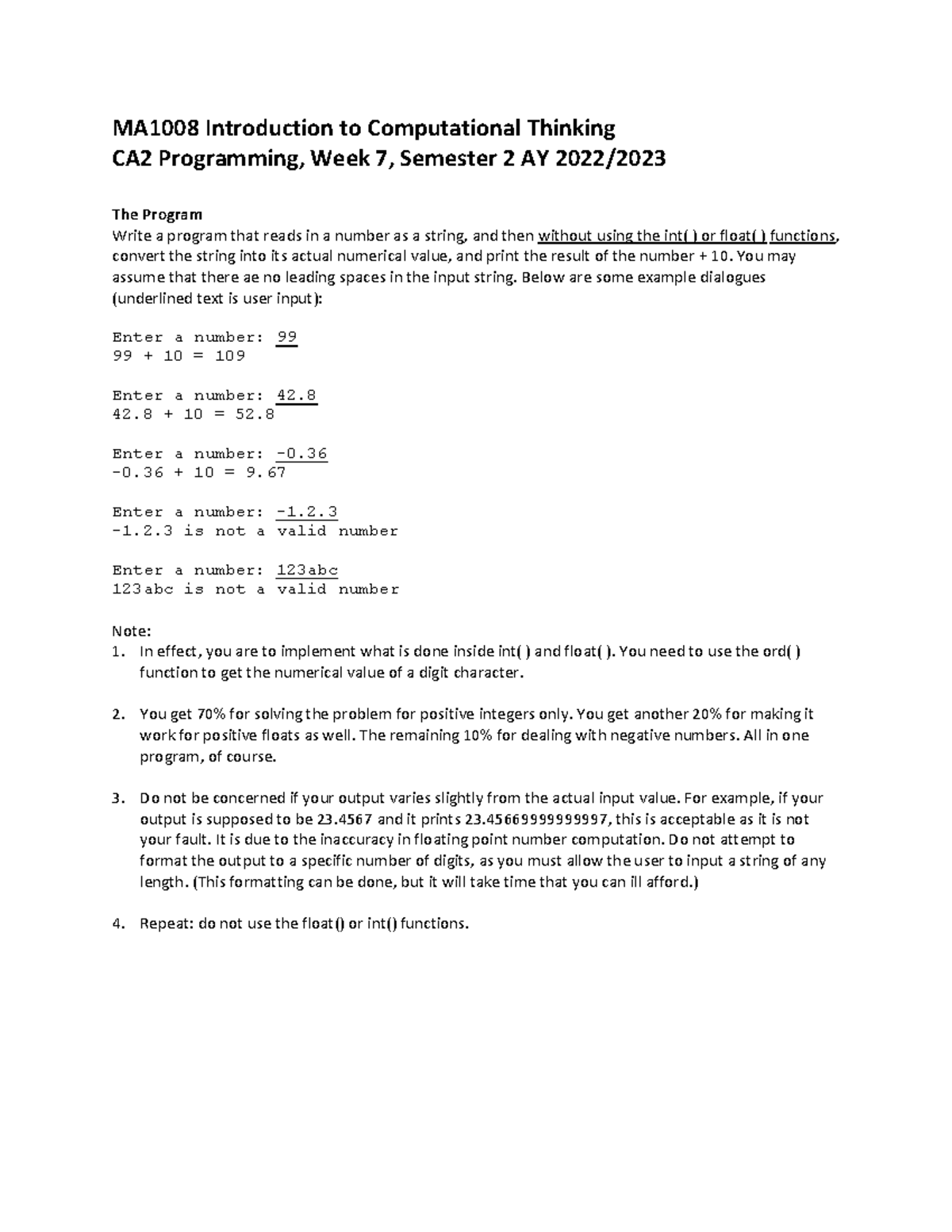 MA1008 CA2 Programming: String to Number Conversion Exercise - Studocu