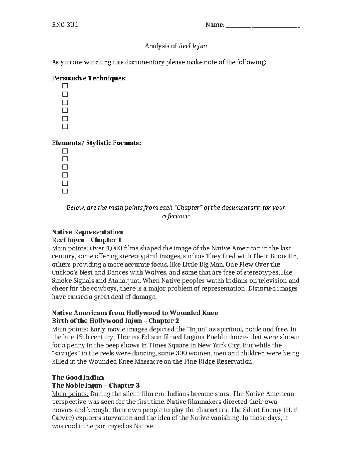Analysis of reel injun worksheet - ENG 3U1 Name ...