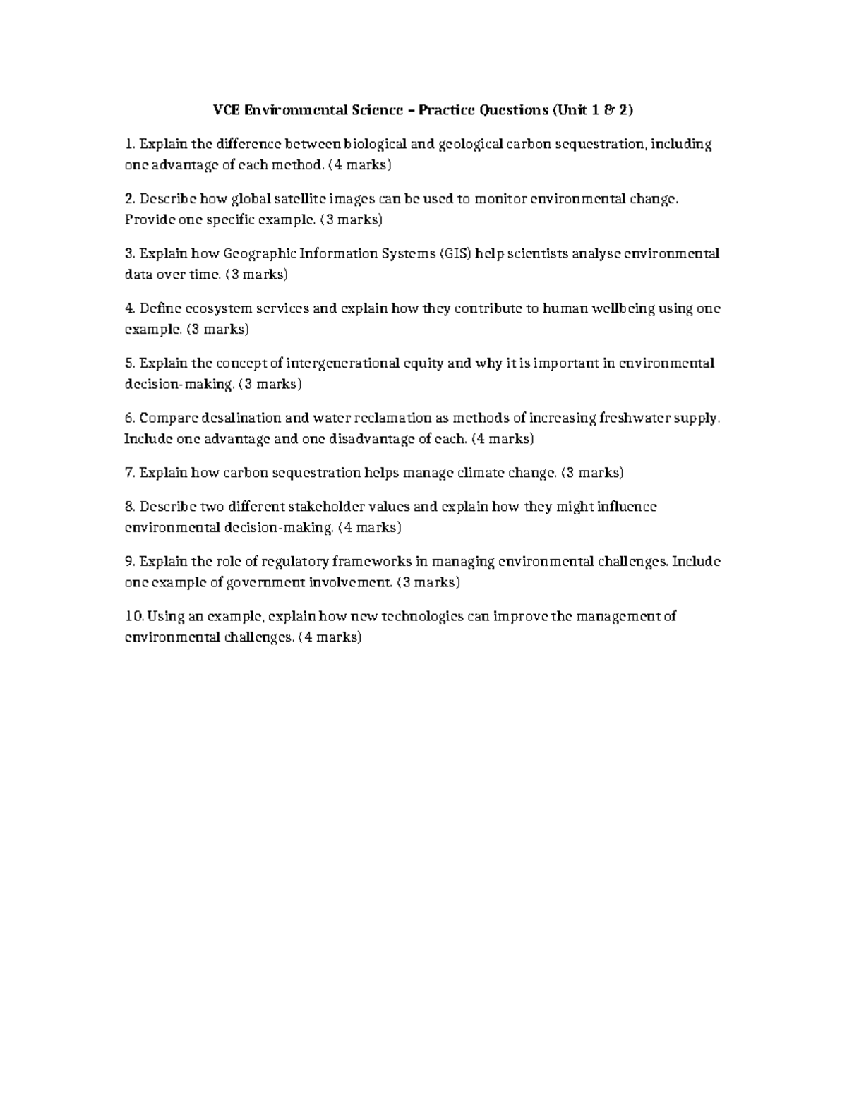 VCE Environmental Science Practice Questions (Unit 1 & 2) - Studocu