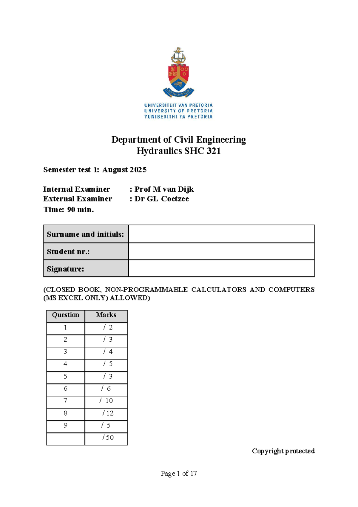 SHC 321 Civil Engineering Hydraulics Semester Test 1 Memo 2025 - Studocu