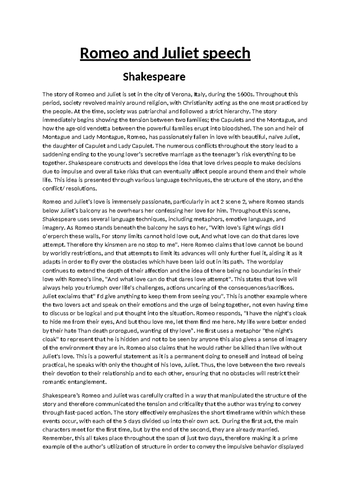 Analysis of Love and Impulse in Romeo and Juliet (ENG 101) - Studocu
